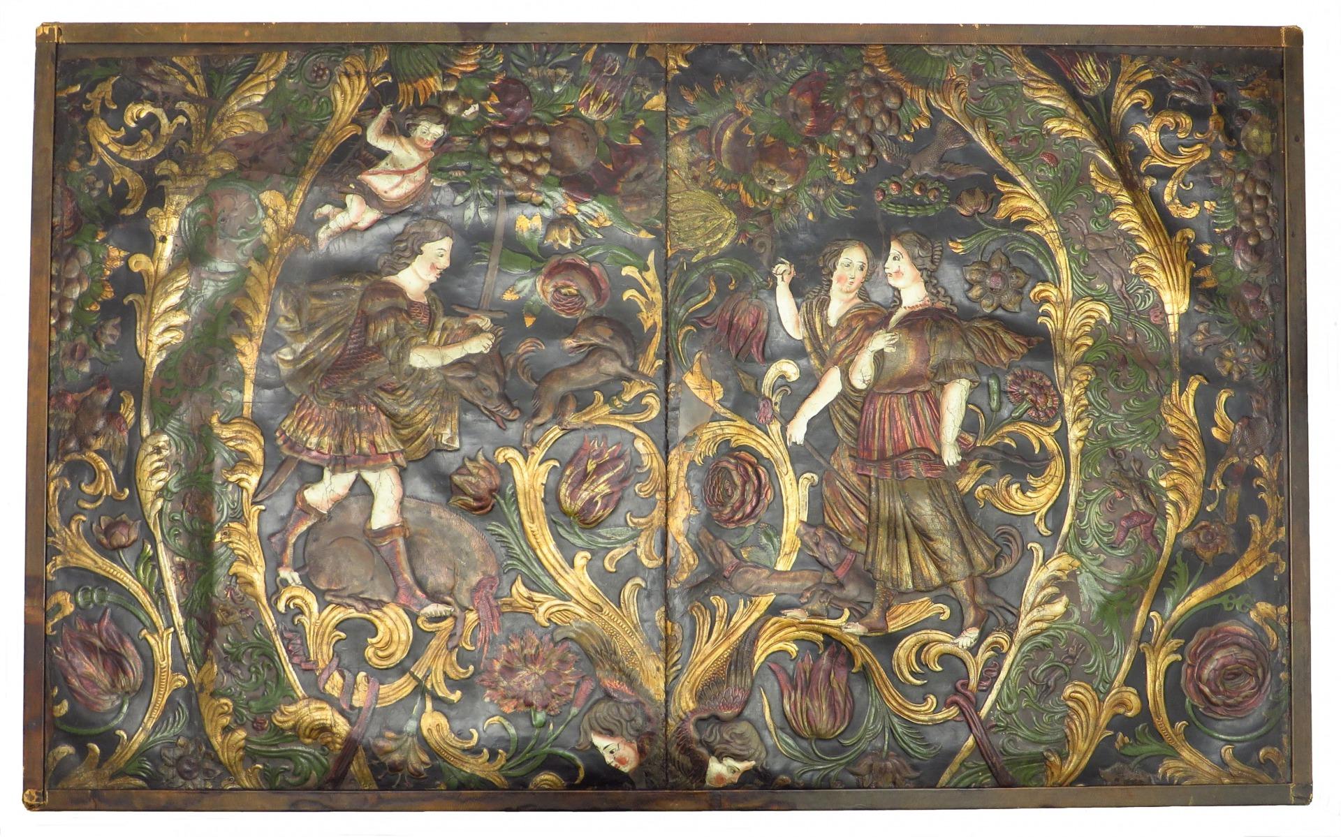 Rare early Embossed gilt leather, mythological hunting scene. For Sale 7