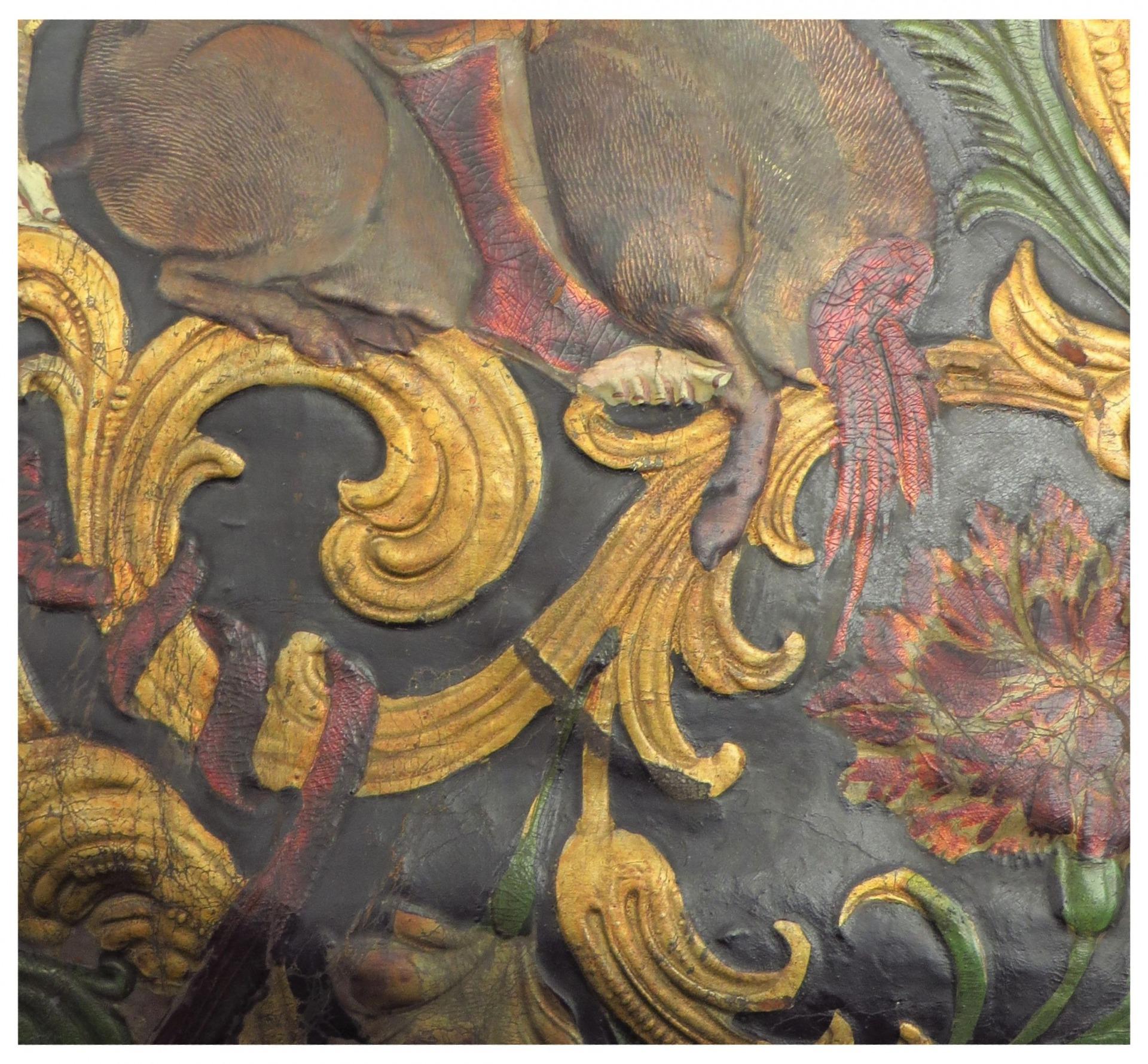 Dutch Colonial Rare early Embossed gilt leather, mythological hunting scene. For Sale
