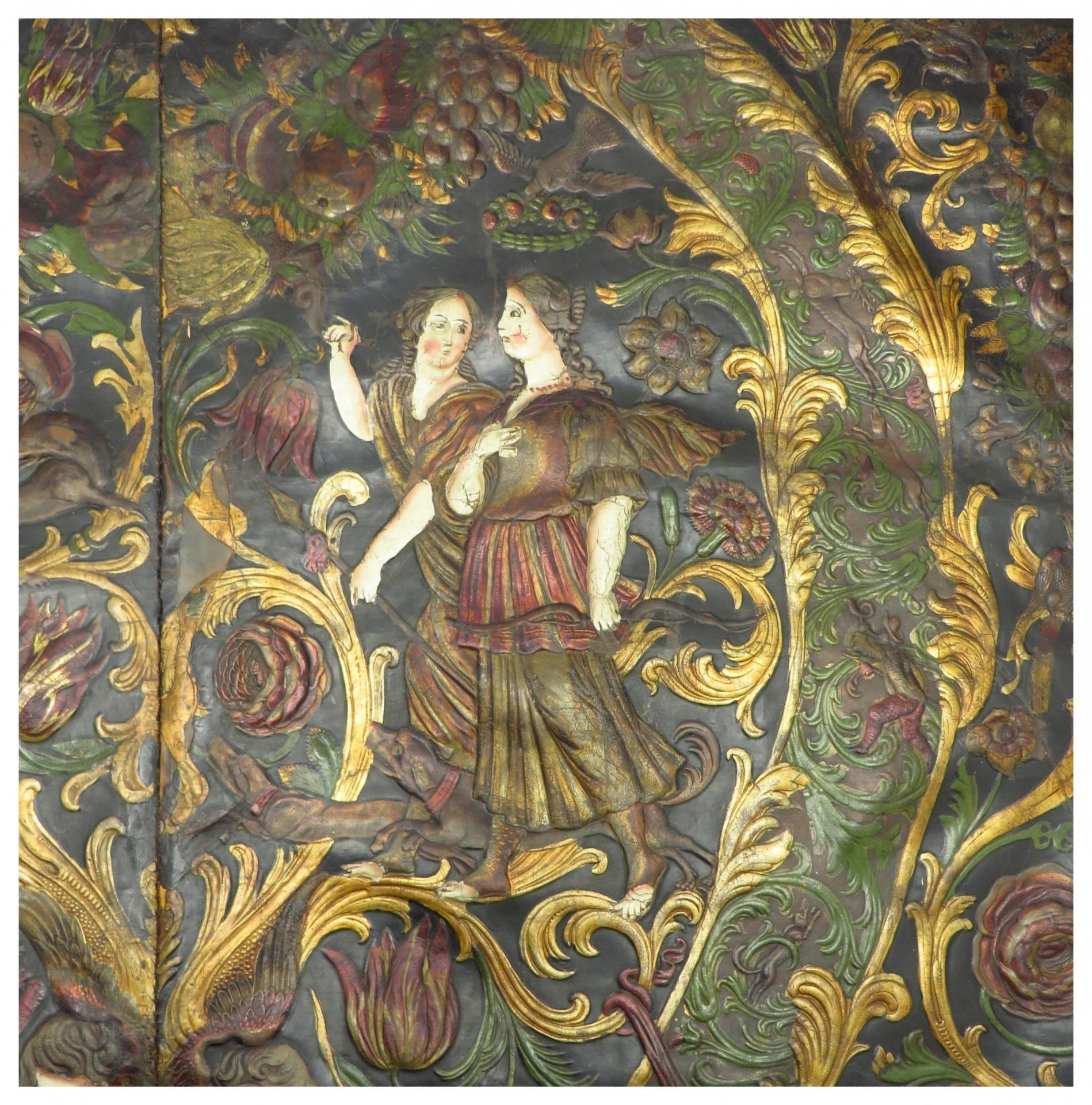 Dutch Colonial Rare early Embossed gilt leather, mythological hunting scene. For Sale
