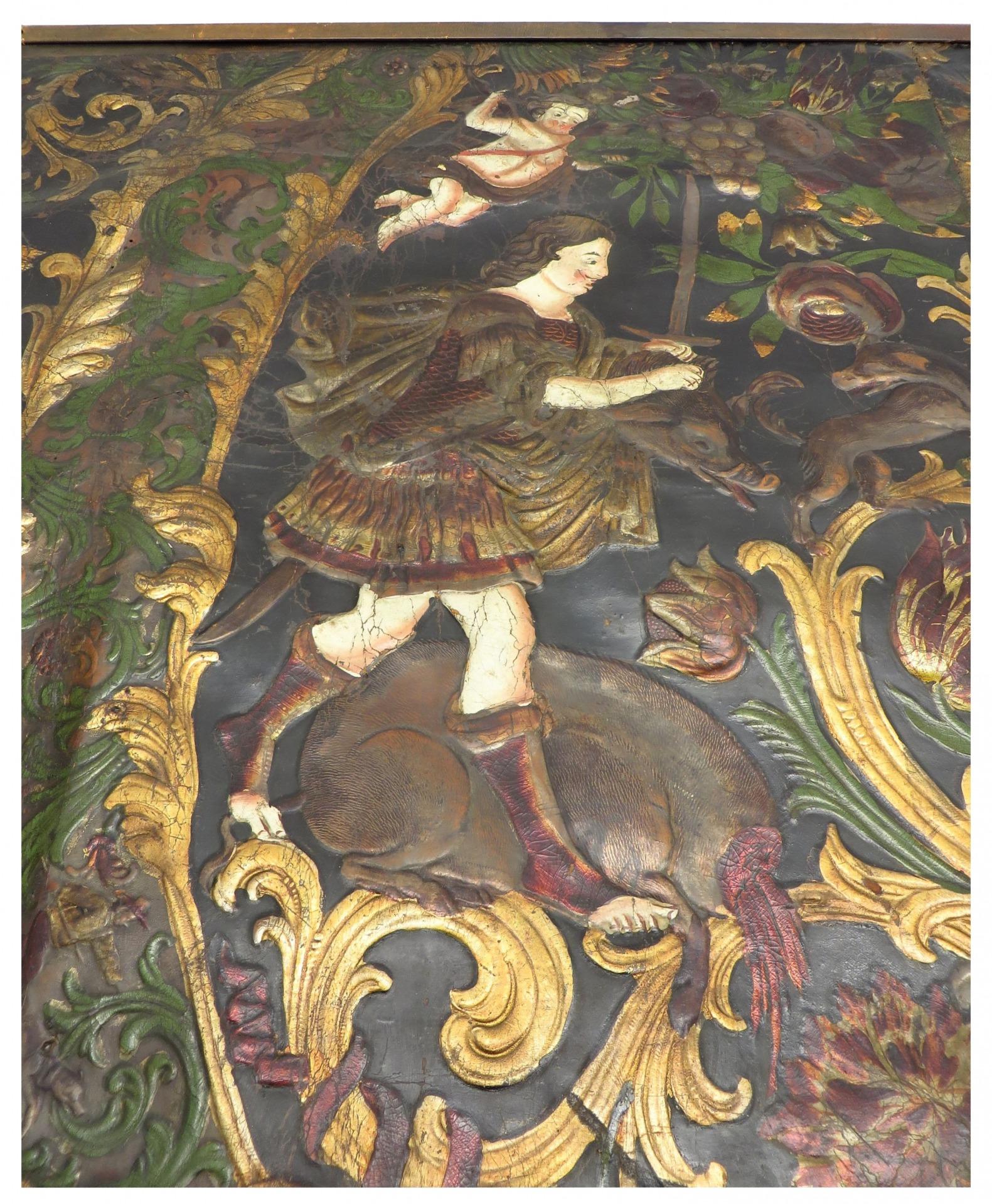 Dutch Rare early Embossed gilt leather, mythological hunting scene. For Sale