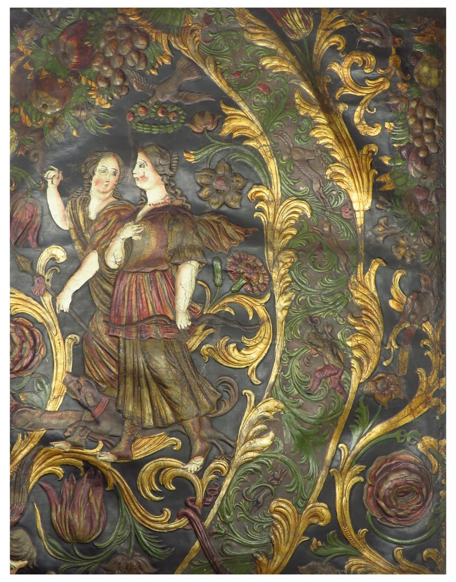 Amsterdam School Rare early Embossed gilt leather, mythological hunting scene. For Sale