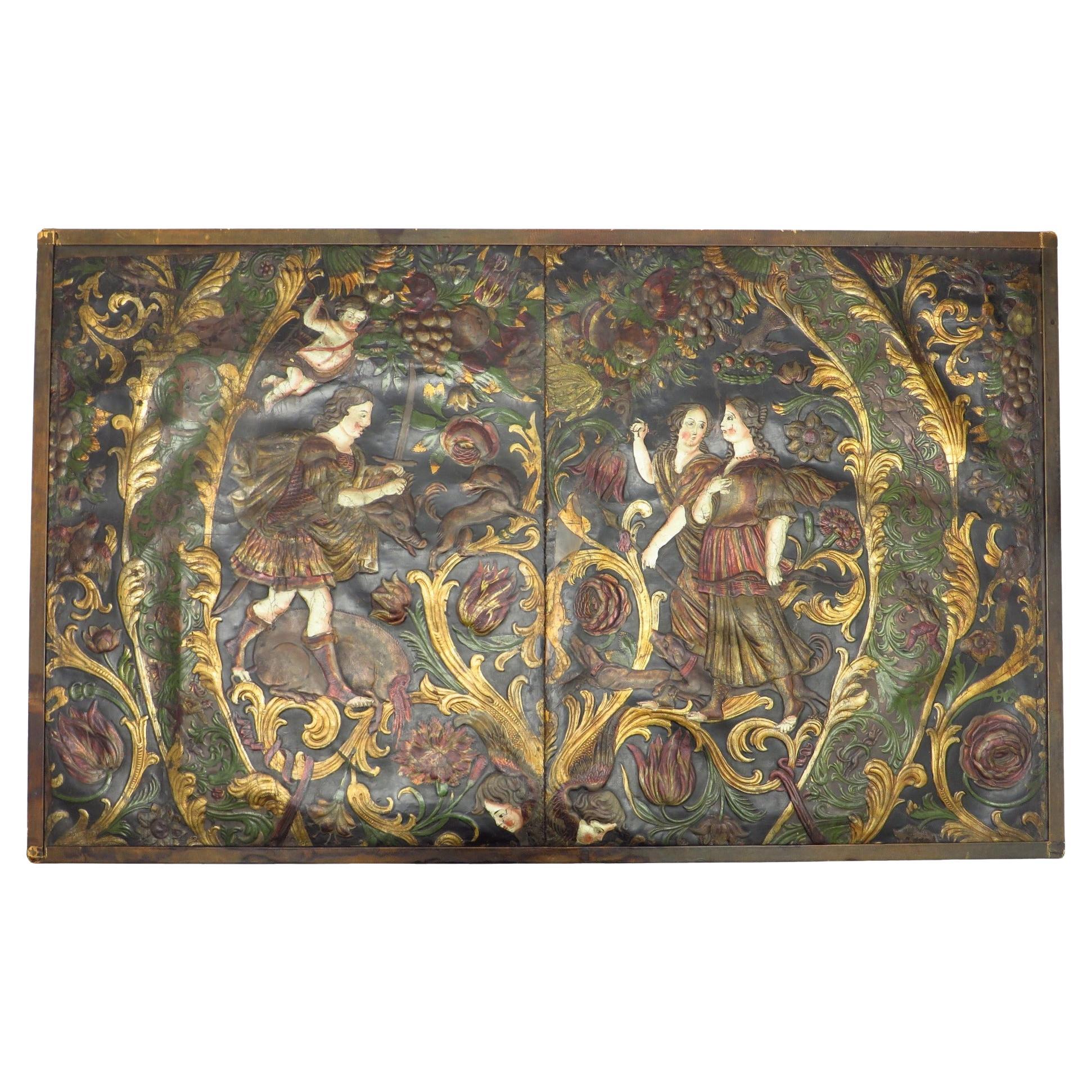 Rare early Embossed gilt leather, mythological hunting scene. For Sale