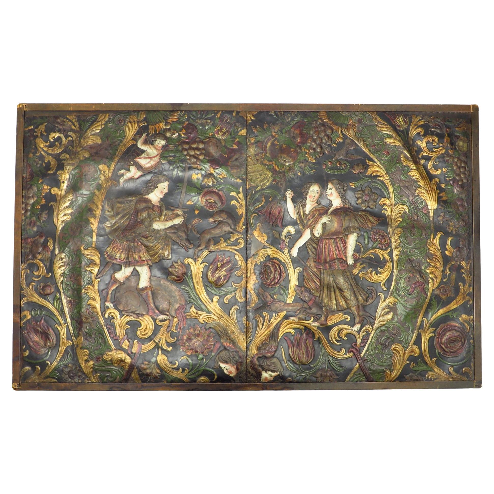 Rare early Embossed gilt leather, mythological hunting scene. For Sale