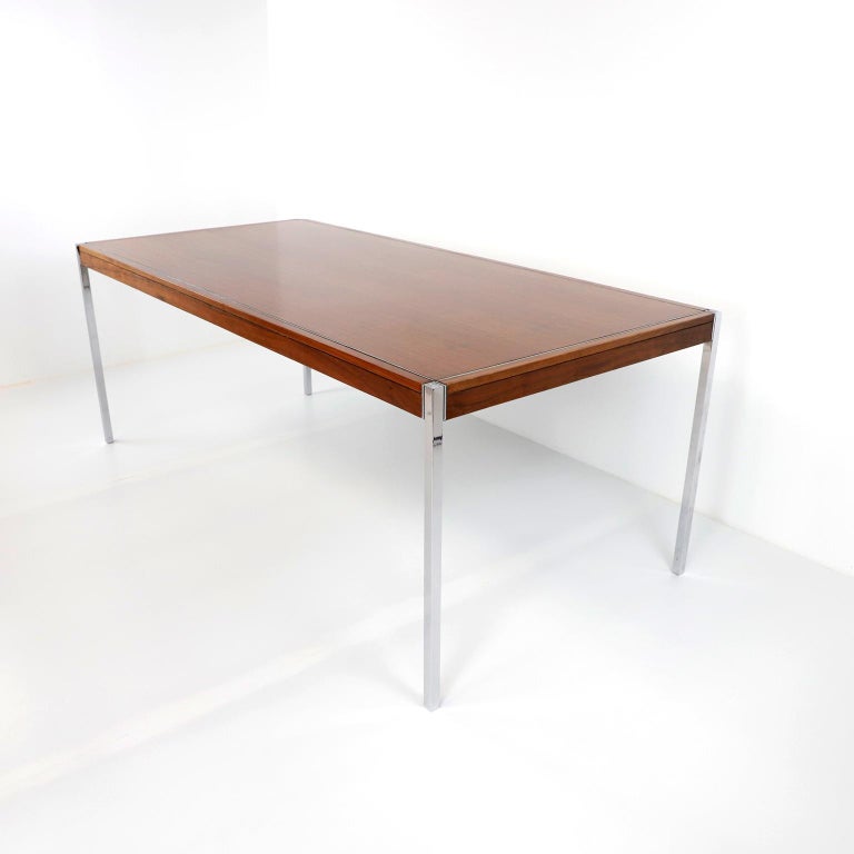 Dated 1973, We offer this Rare Early Florence Knoll Rosewood Dinning Table, designed to furnish the new interiors of postwar America, this table is a scaled-down translation of the lines, gestures and materials of modern architecture. Consistent