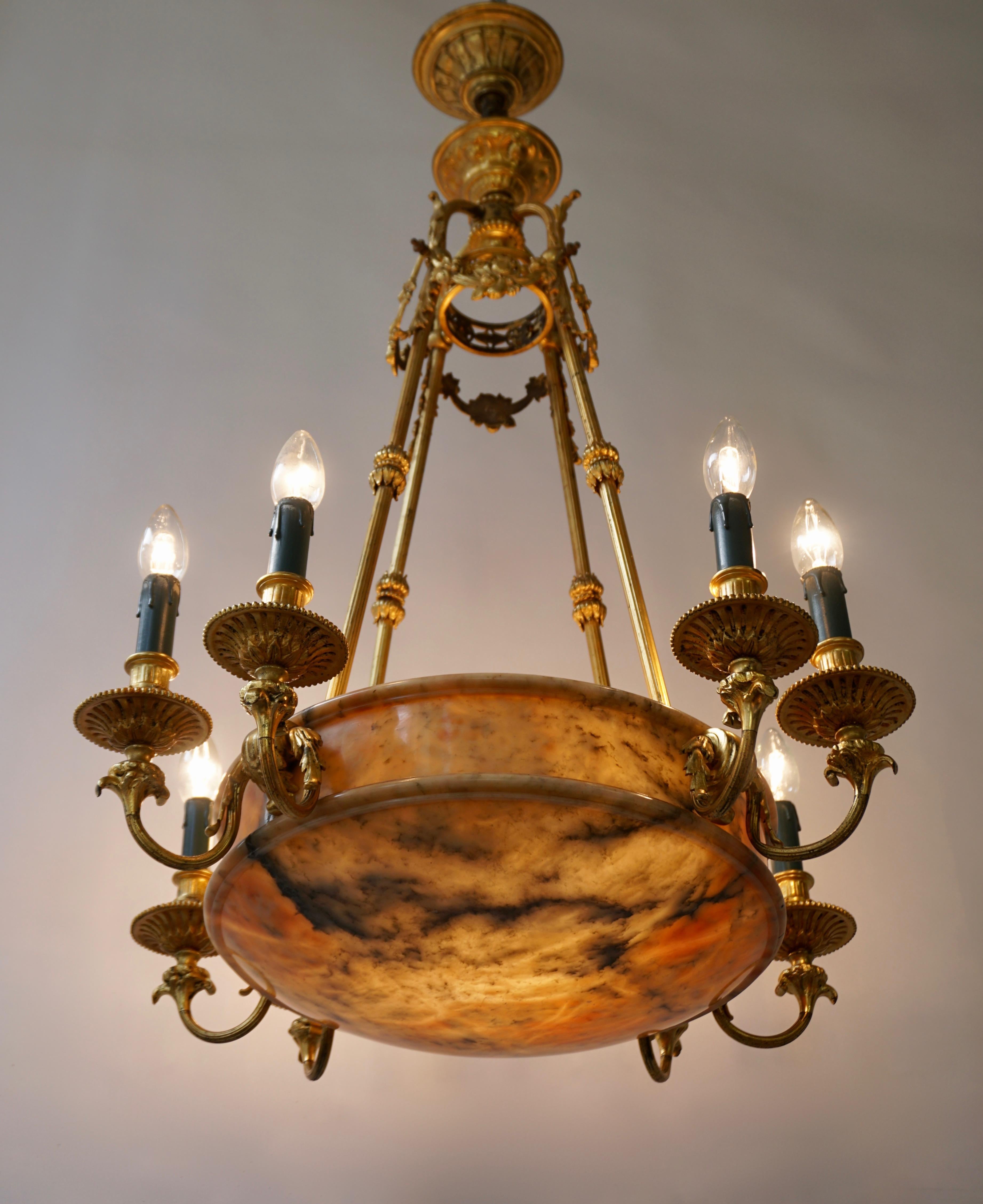 Rare Early French 20th Century Art Deco Bronze and Alabaster Chandelier For Sale 6