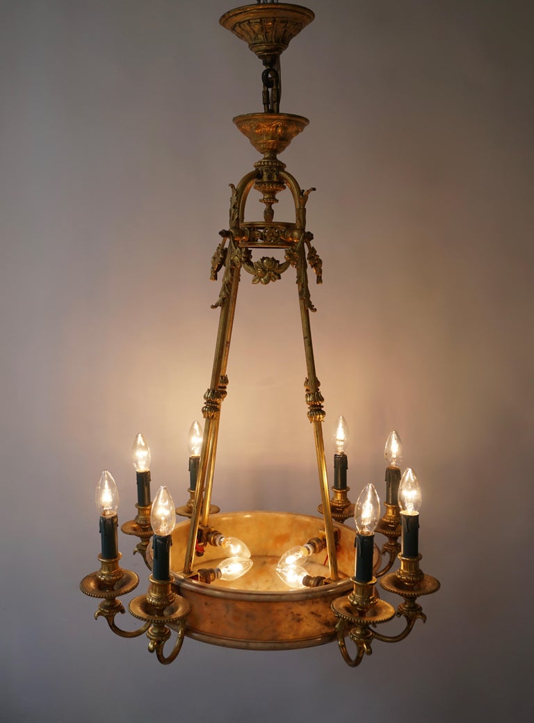Rare Early French 20th Century Art Deco Bronze and Alabaster Chandelier For Sale 7