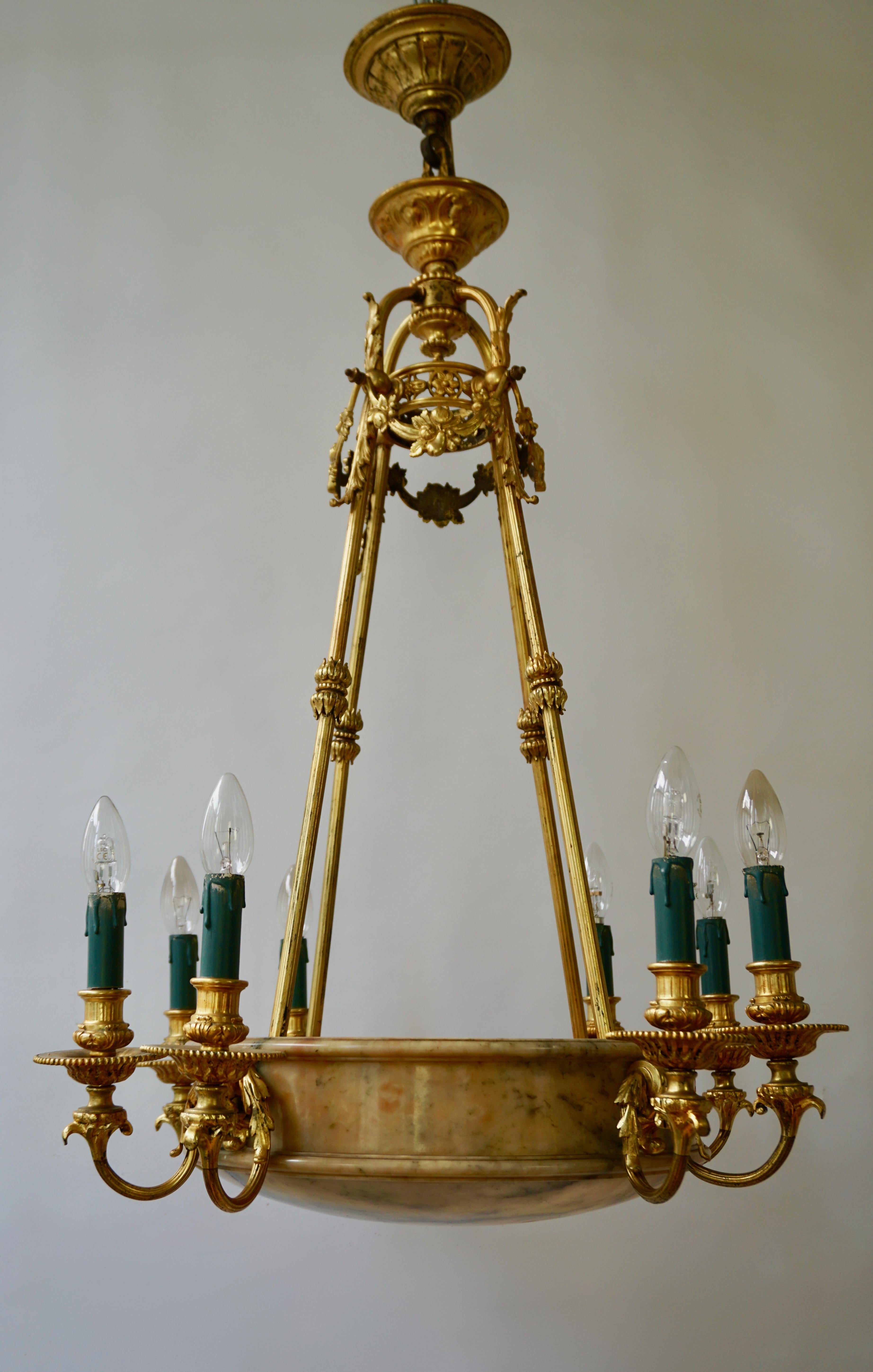 Rare Early French 20th Century Art Deco Bronze and Alabaster Chandelier For Sale 8