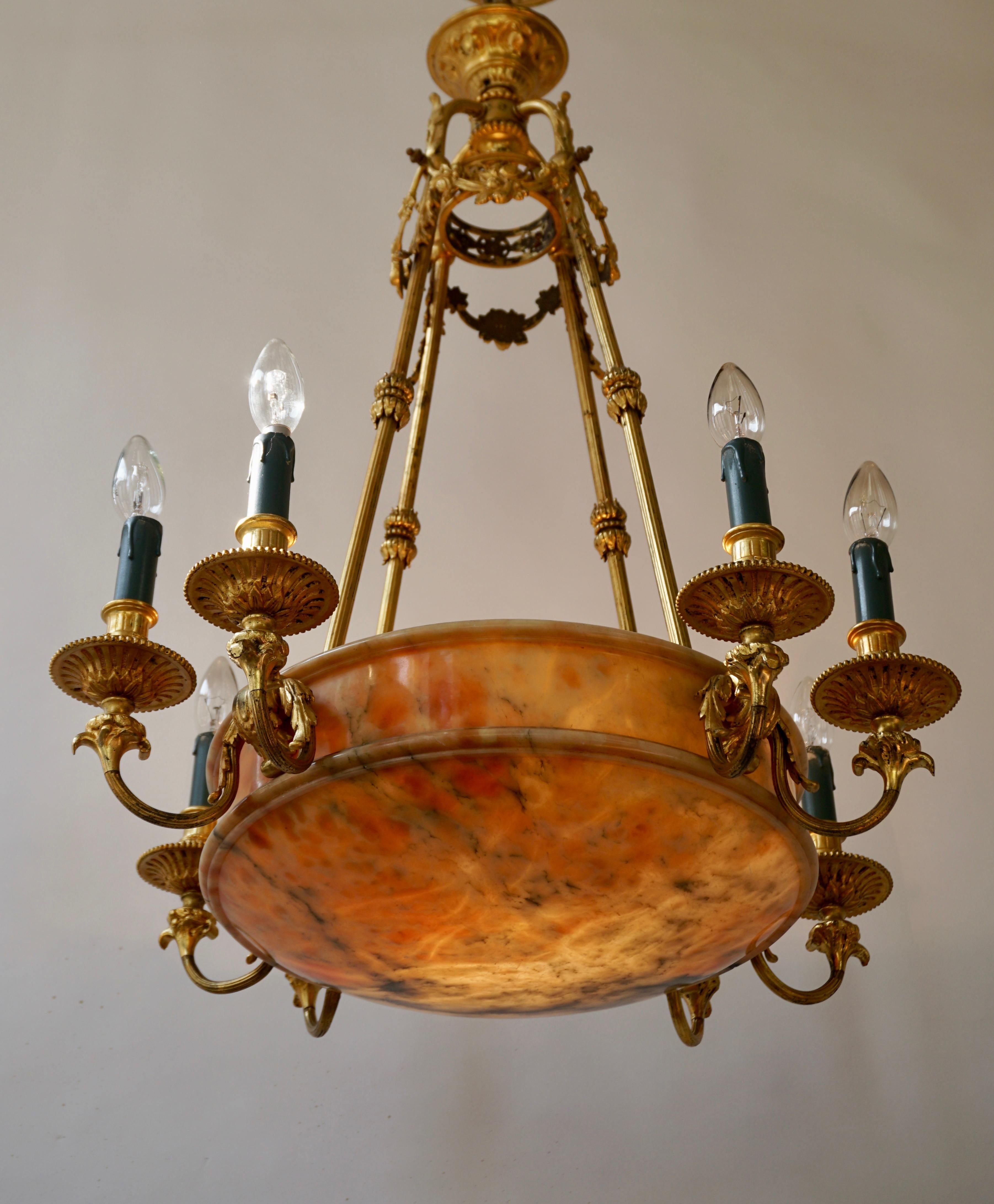 Rare Early French 20th Century Art Deco Bronze and Alabaster Chandelier For Sale 9