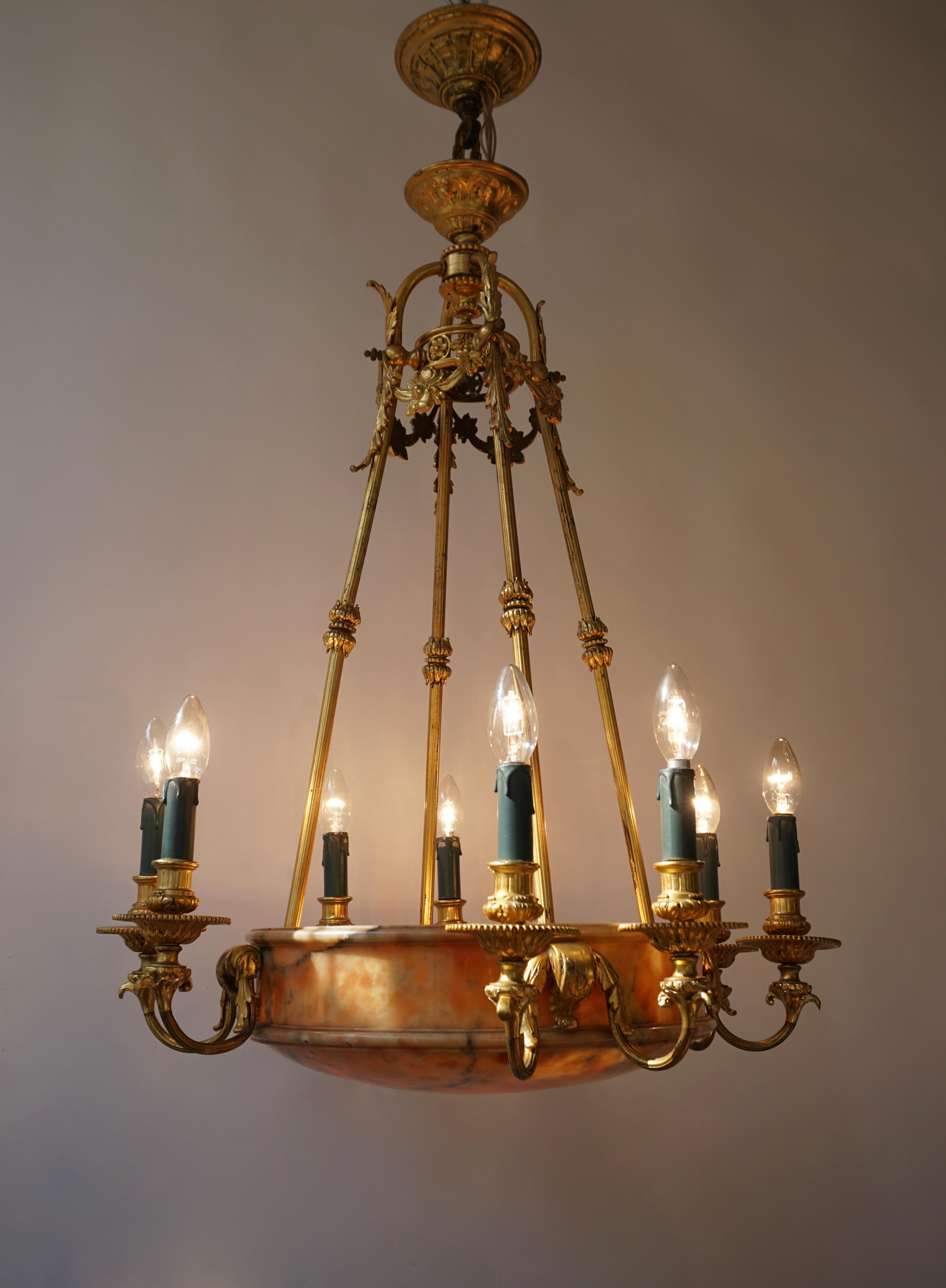 Rare Early French 20th Century Art Deco Bronze and Alabaster Chandelier In Good Condition For Sale In Antwerp, BE