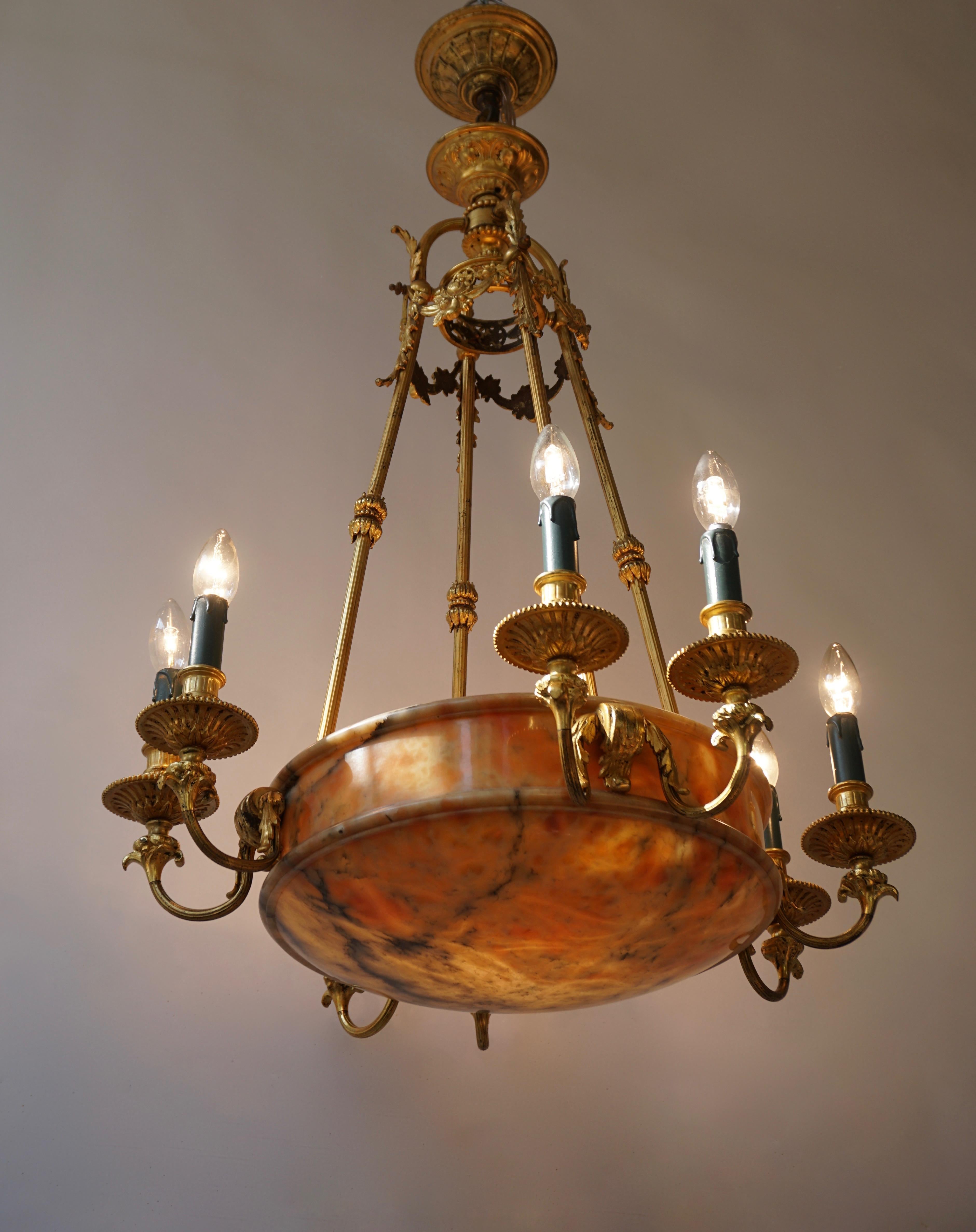 Brass Rare Early French 20th Century Art Deco Bronze and Alabaster Chandelier For Sale