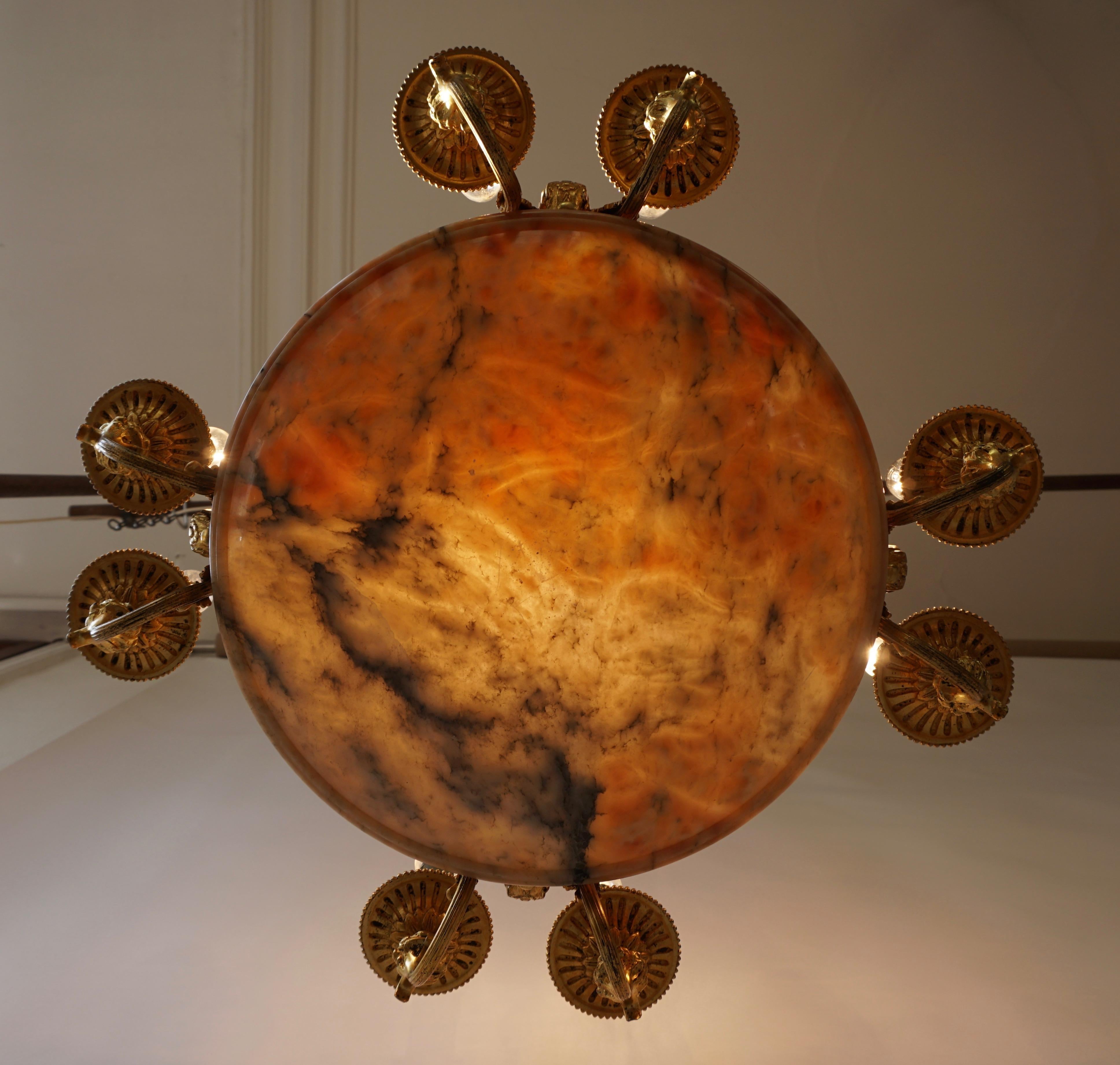 Rare Early French 20th Century Art Deco Bronze and Alabaster Chandelier For Sale 1
