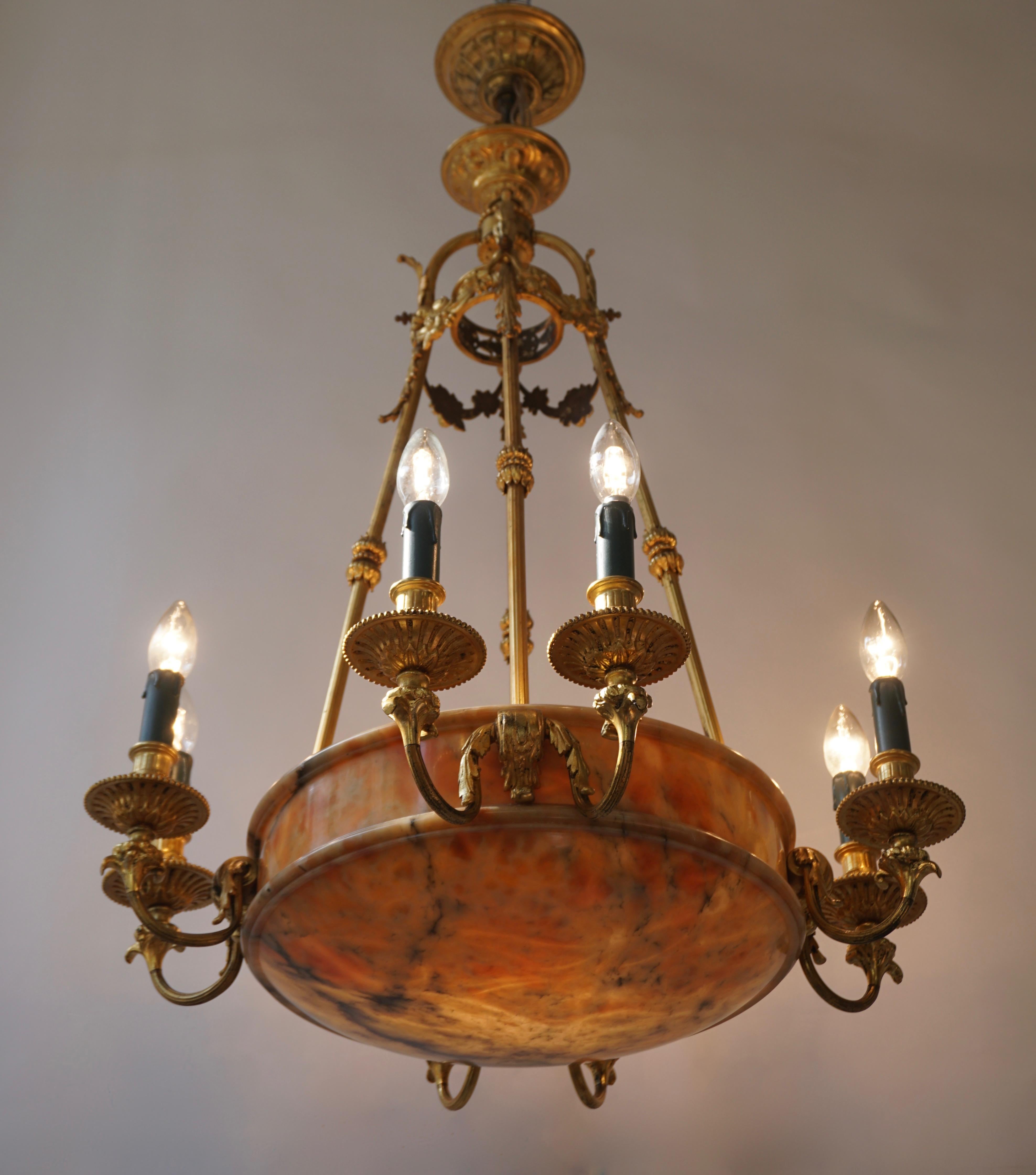 Rare Early French 20th Century Art Deco Bronze and Alabaster Chandelier For Sale 2