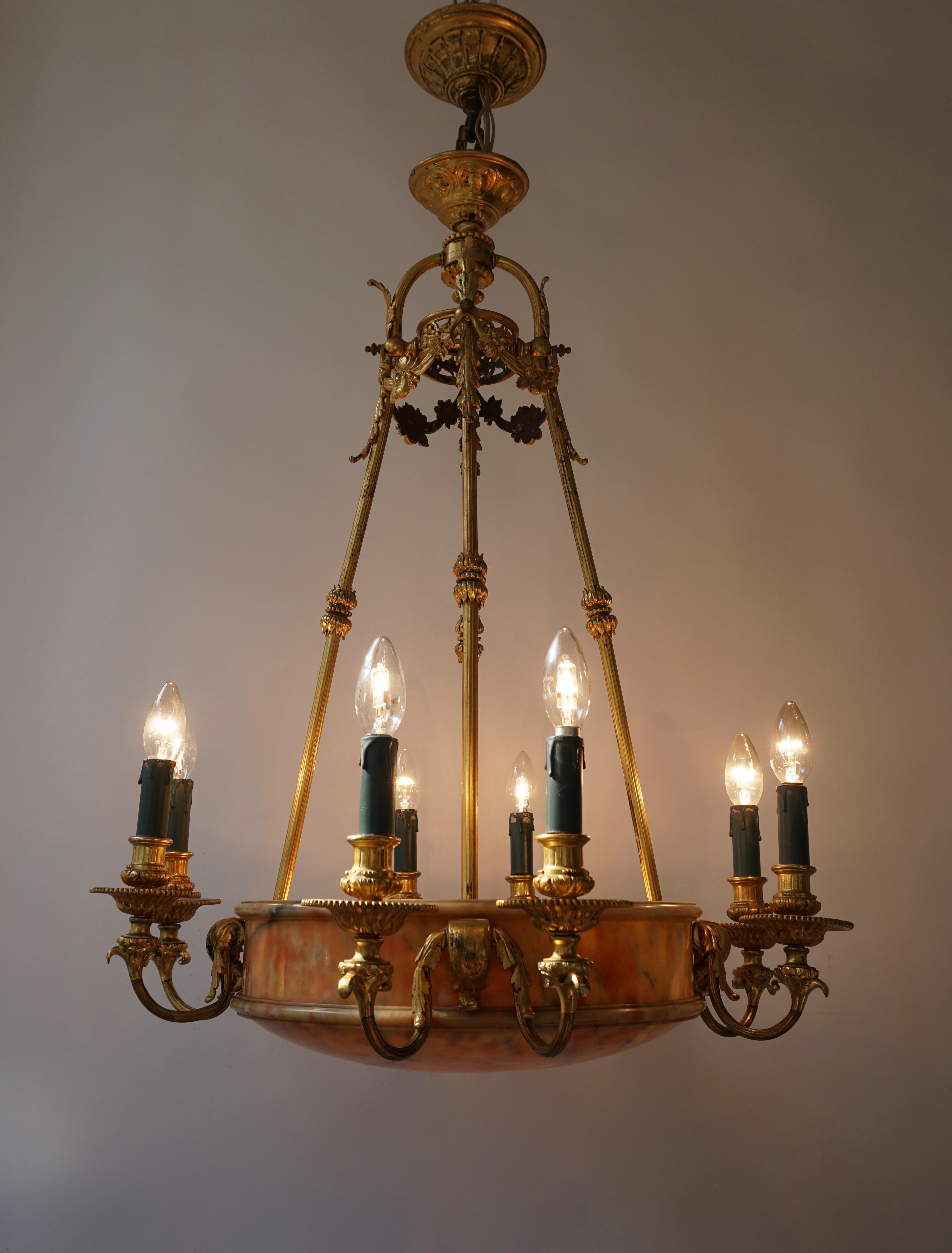 Rare Early French 20th Century Art Deco Bronze and Alabaster Chandelier For Sale 3