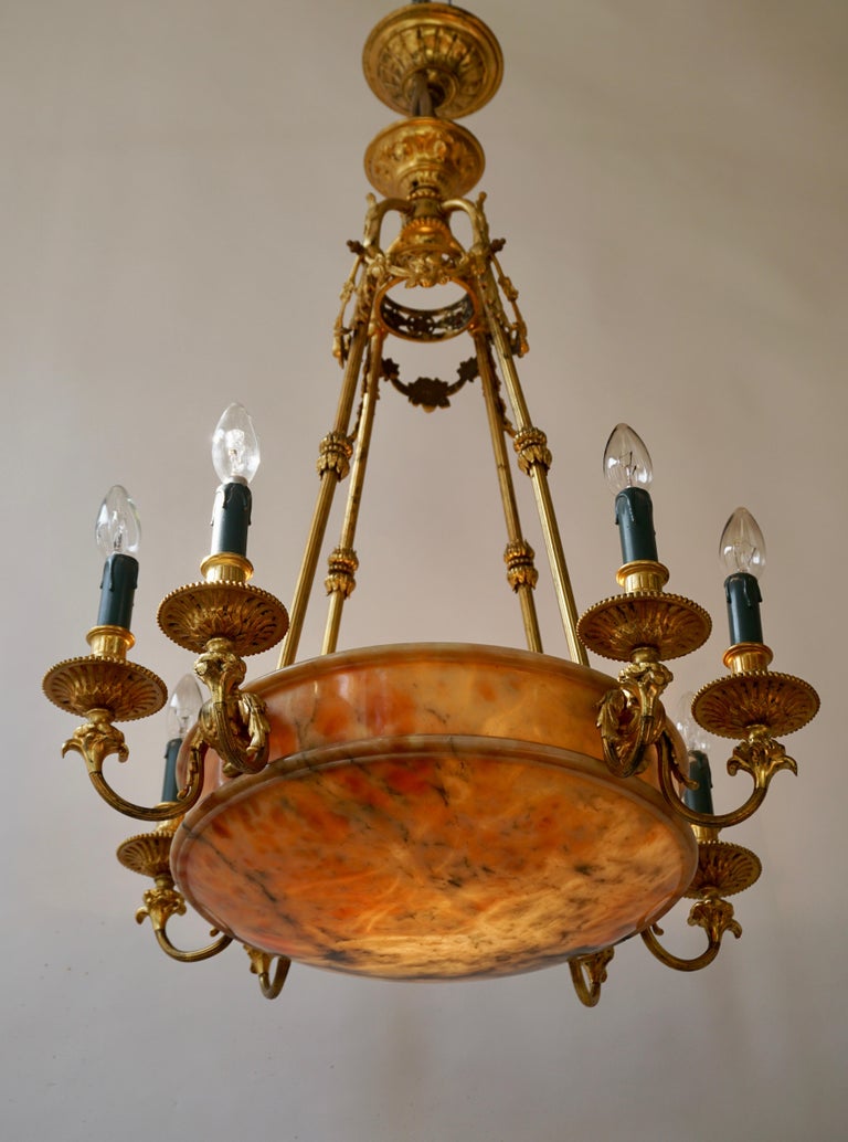 Rare Early French 20th Century Art Deco Bronze and Alabaster Chandelier For Sale 4