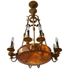 Rare lustre Art Déco français du début du XXe siècle en bronze et albâtre