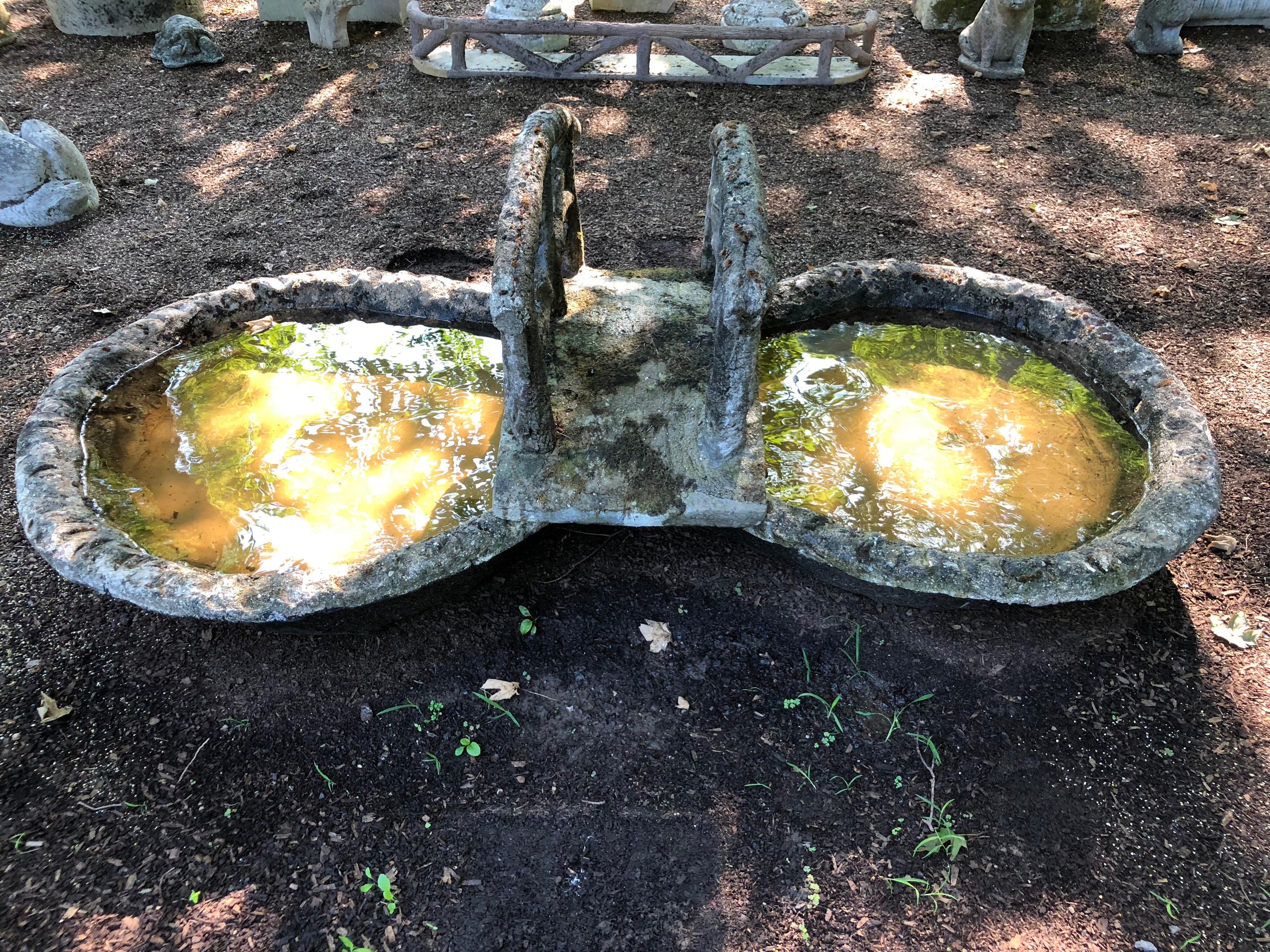 Now here is a show-stopper for lovers of faux bois! The very rare single-piece kidney-shaped pond is sufficiently deep to float water plants or pot it up with your favourite flowers or veggies. The moss-laden bridge is original to the pond, but