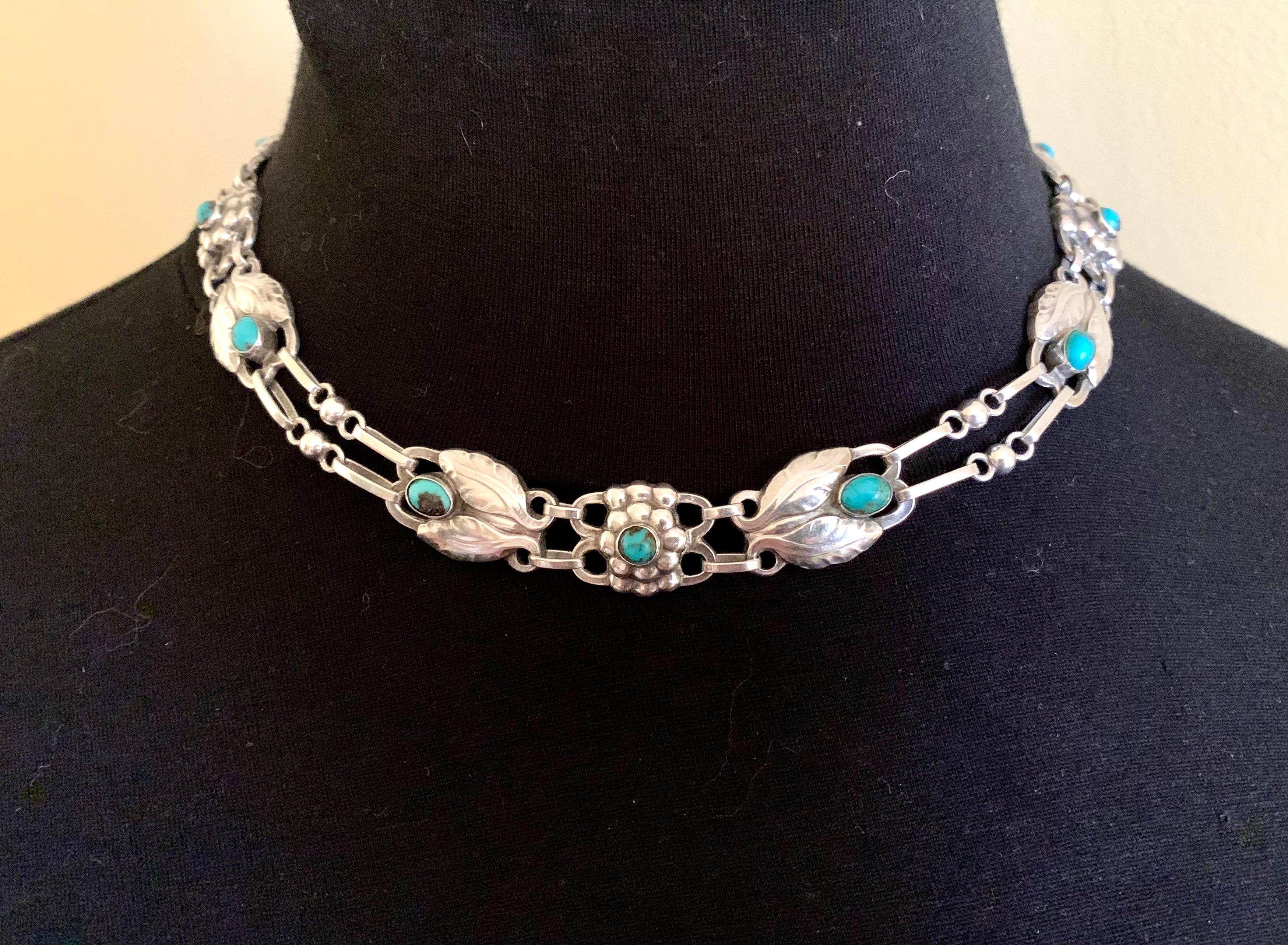 Iconic Arts and Crafts era turquoise and silver #1 necklace by Georg Jensen
1910-1925
Turquoise and silver pieces by Georg Jensen are rarely available, perhaps because very few people wish to part with the striking combination of the vibrant