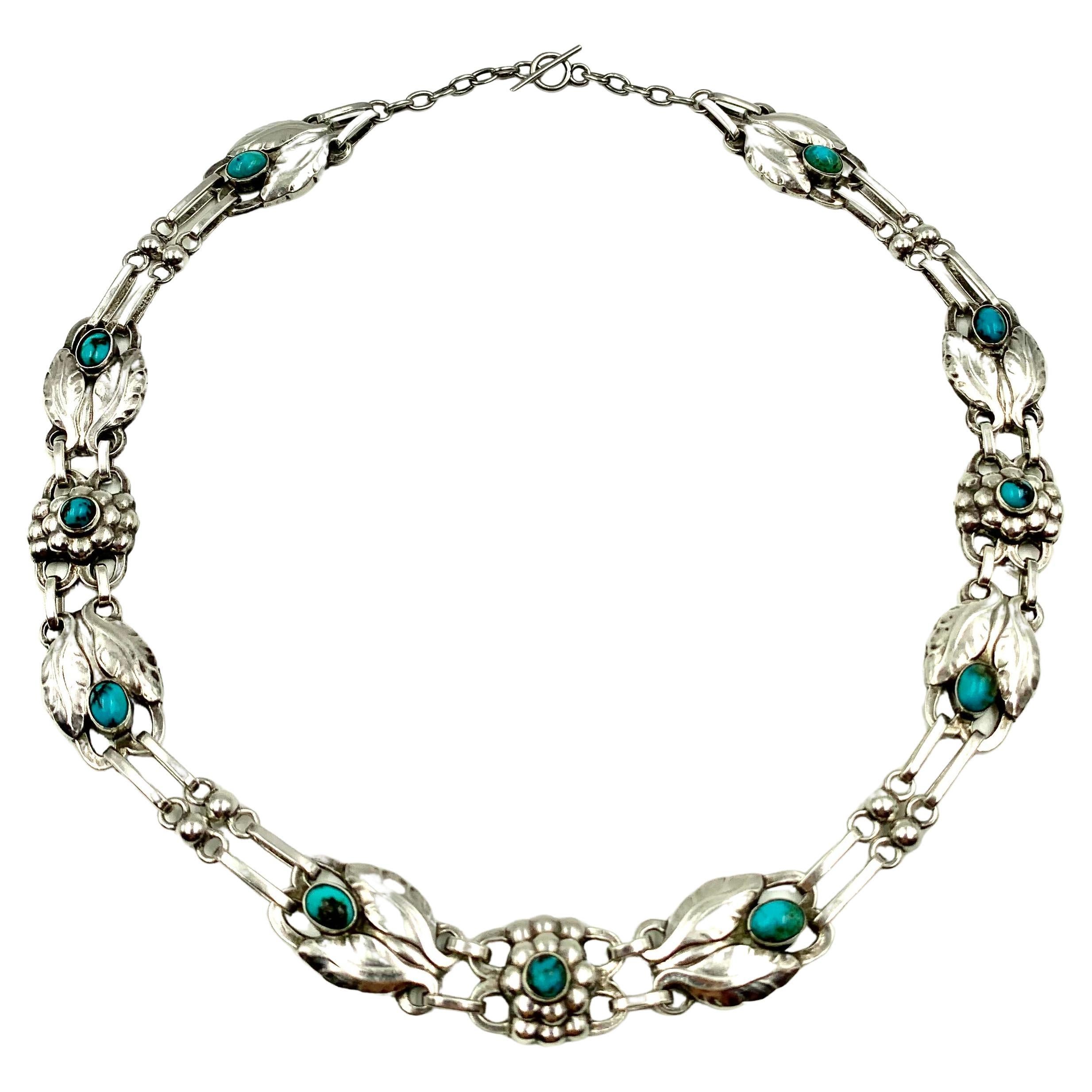 Georg Jensen, collier n°1 rare en argent et turquoise cabochon, 1910-1925