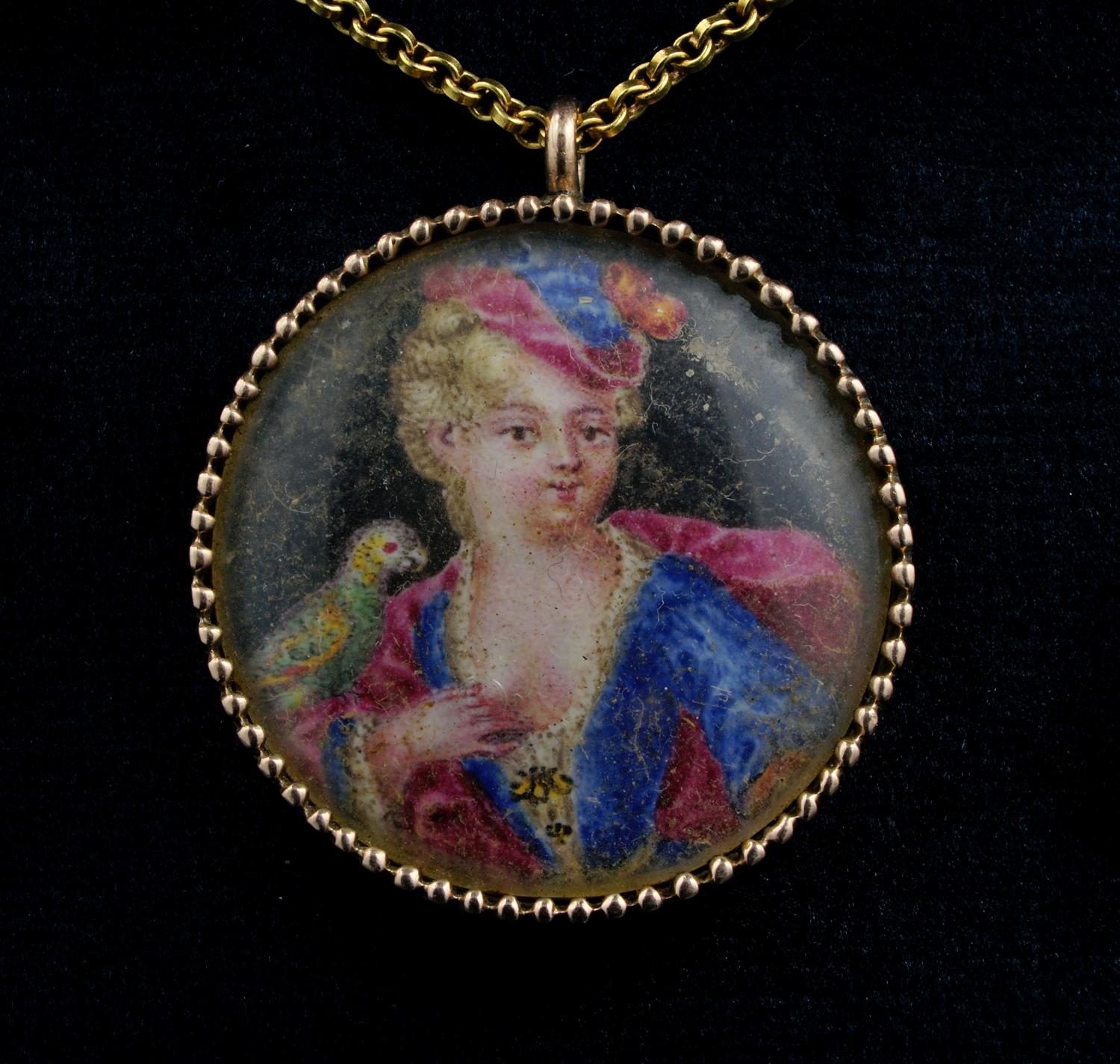Pictured for the Eternity!

The portrait miniature was an art that flourished from the sixteenth to the mid-nineteenth century all over Europe
This rare early 18th century example hand painted on Vellum still kept under its original blow glass,