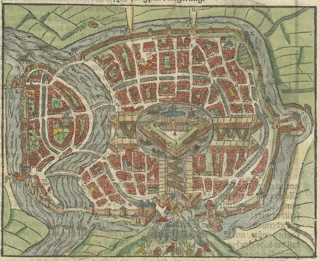Antike Karte mit dem Titel 'Warhaffte contrastehung der Statt Harlem'. 

Früher Holzschnitt der Stadt Haarlem in den Niederlanden. Diese Karte stammt aus der 