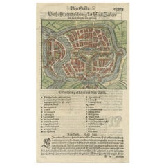 Rare gravure sur bois anciennement colorée à la main de la ville de Haarlem, aux Pays-Bas, vers 1580