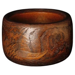 Rare Early Japanese Hibachi with Unique Makie Lacquer Scene, 19th, planter