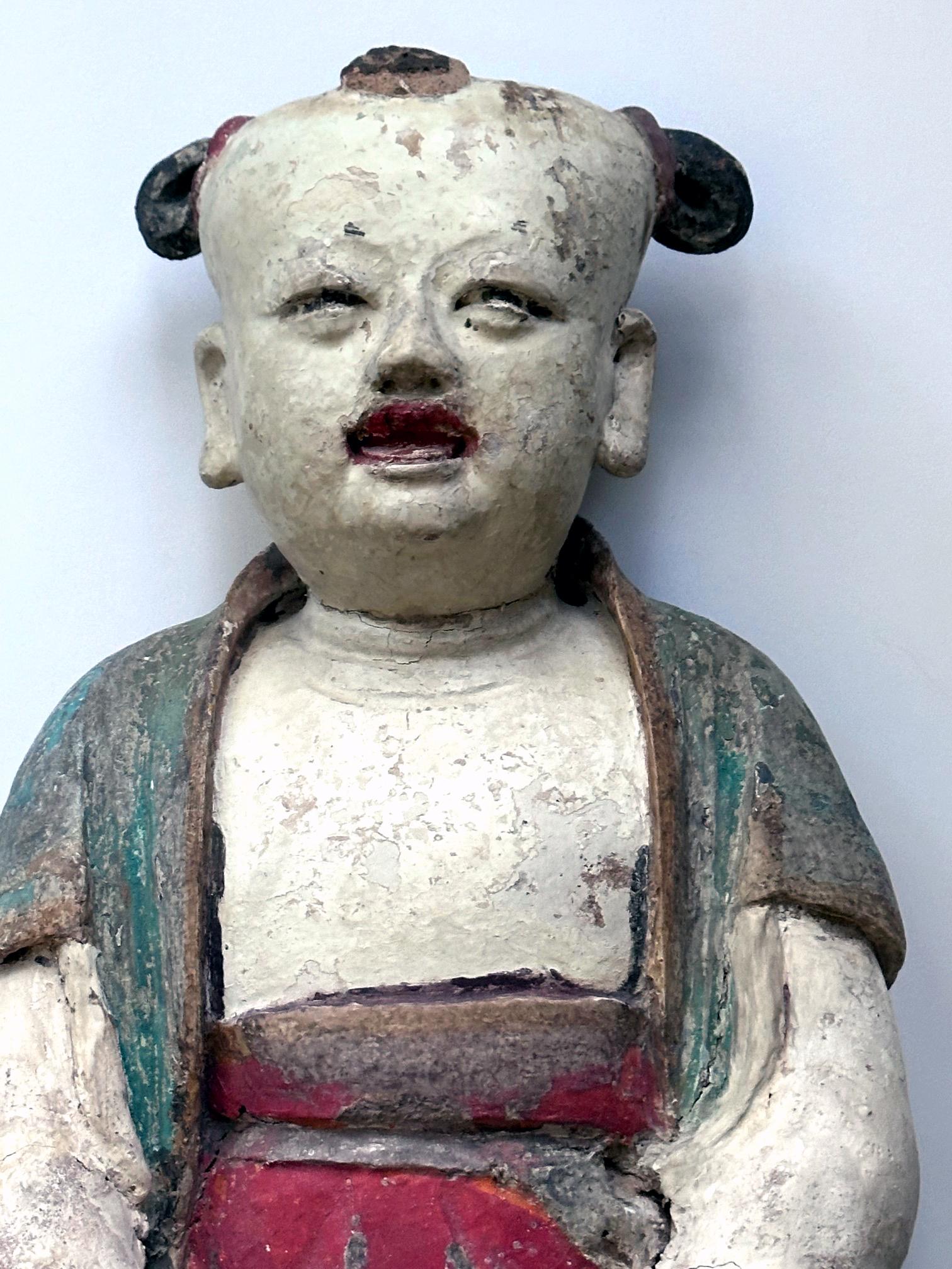 Clay Rare Early Korean Buddhist Boy Attendant Figure Dongja Joseon Dyasty For Sale