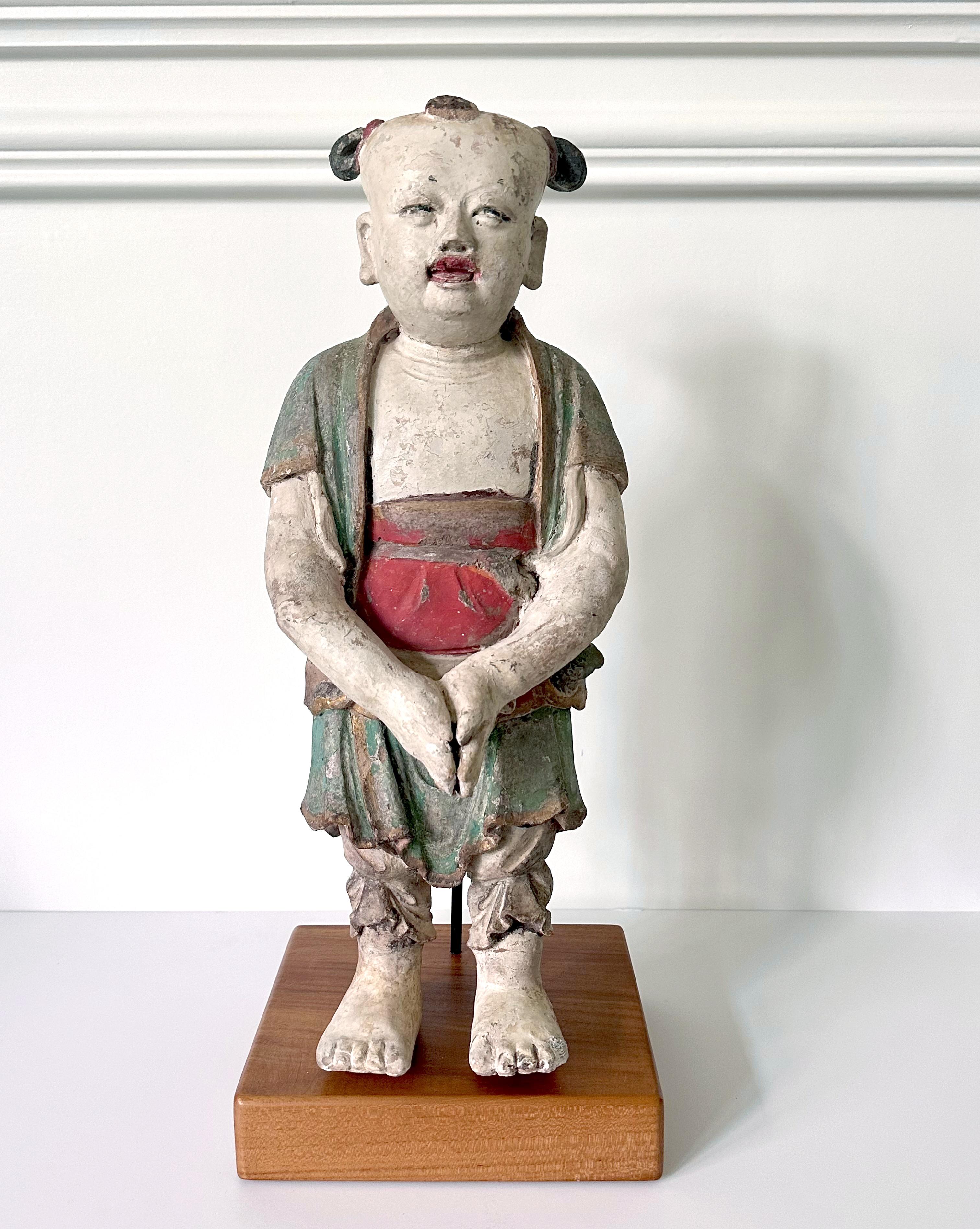 Rare Early Korean Buddhist Boy Attendant Figure Dongja Joseon Dyasty For Sale 13