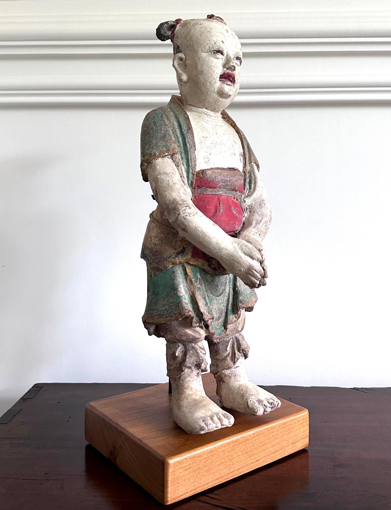Archaistic Rare Early Korean Buddhist Boy Attendant Figure Dongja Joseon Dyasty For Sale
