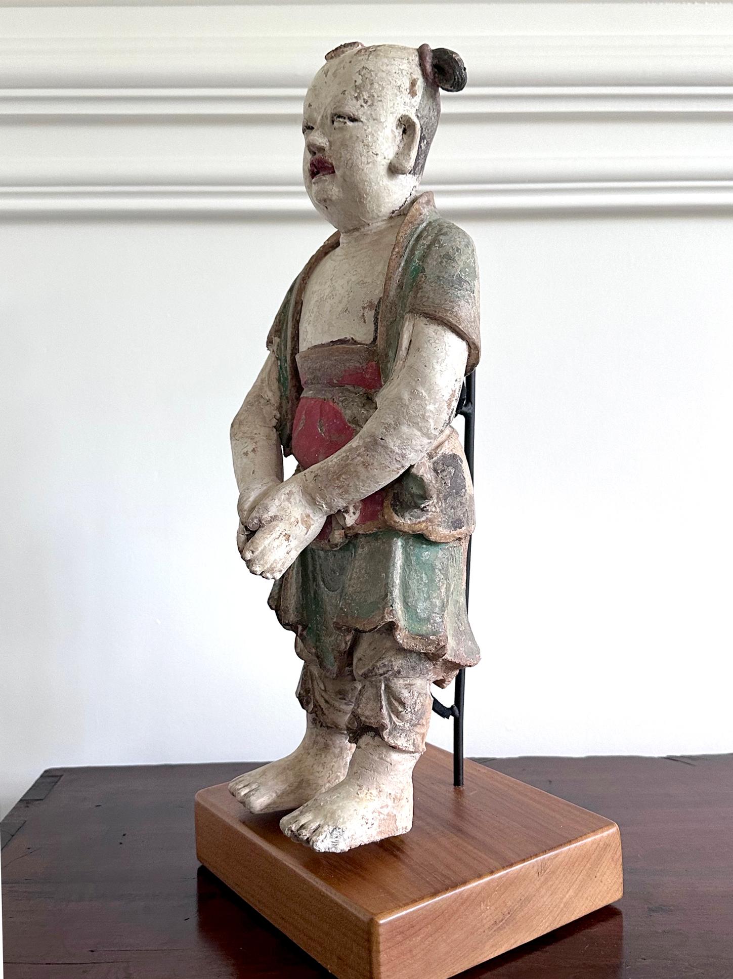 Hand-Painted Rare Early Korean Buddhist Boy Attendant Figure Dongja Joseon Dyasty For Sale