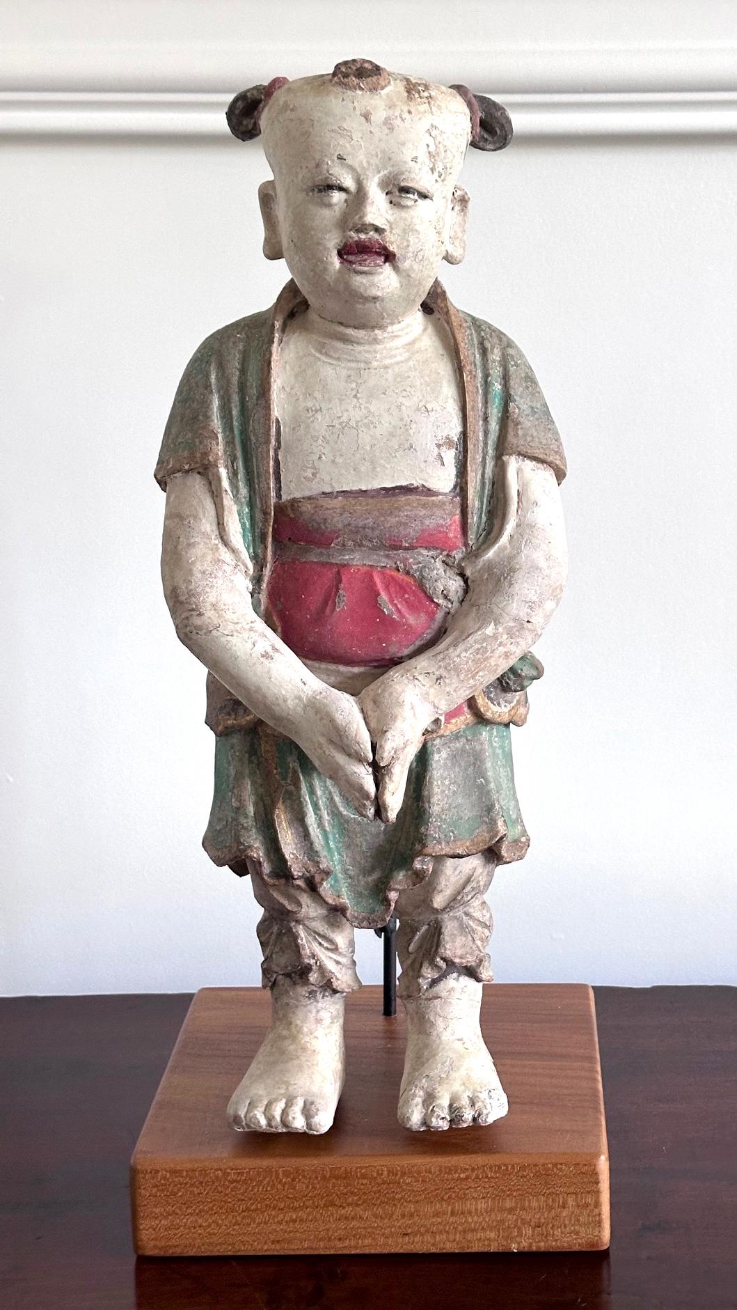 18th Century and Earlier Rare Early Korean Buddhist Boy Attendant Figure Dongja Joseon Dyasty For Sale