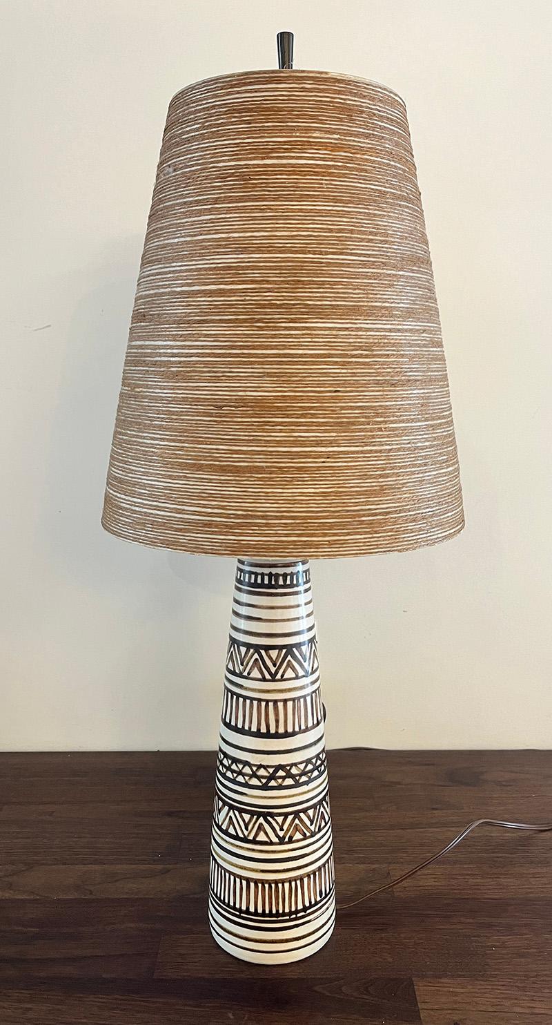 

Great piece of mid century lighting history. Made in Oak Ridges, Ontario and made famous in North American and Europe. Rare Lotte and Gunnar Bostlund table lamps with tribal hand painted motif. Original fiberglass and jute shade.

    -Original