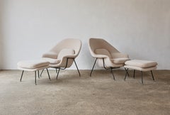 Rare Early Pair of Eero Saarinen Womb Chairs and Ottomans, Knoll, USA, 1950s