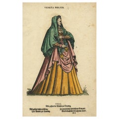 Rare assiette ancienne d'une femme de Venise, Italie, Costume du 16ème siècle, 1577