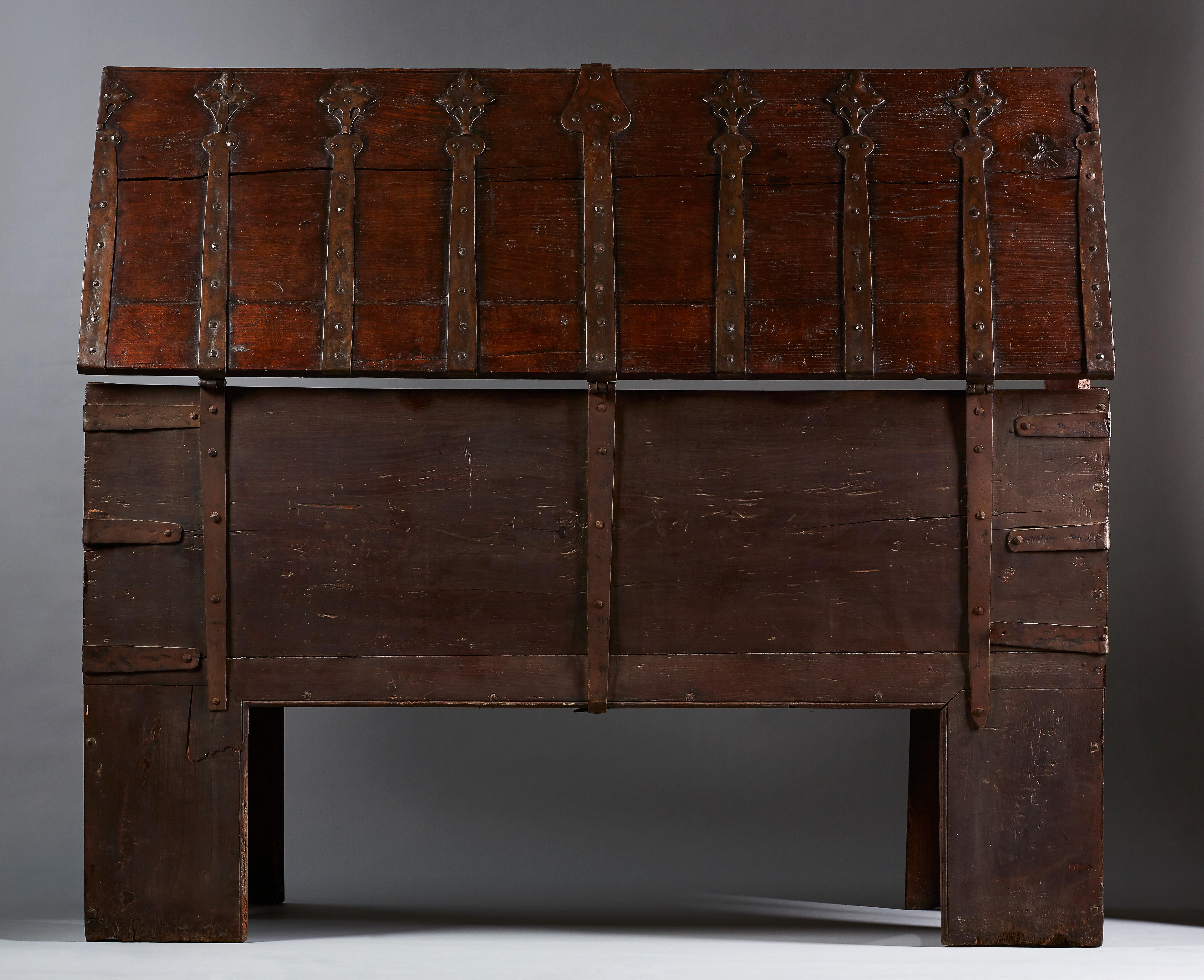 18th Century and Earlier Rare Early Renaissance Wrought Iron Mounted Oak Chest or Stollentruhe