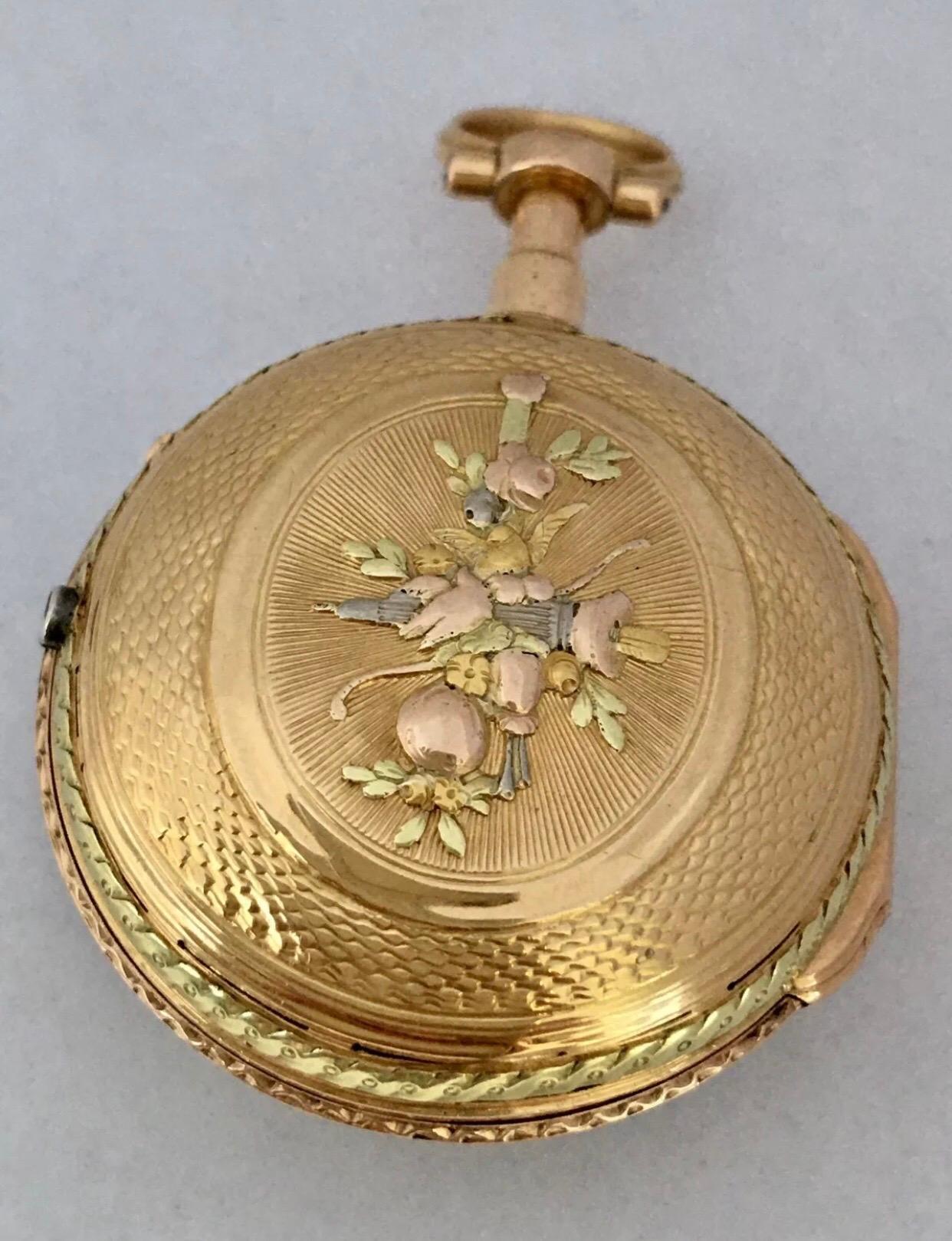 Rare and Early Tri-Color Gold Small Verge Fusee Pocket Watch For Sale 6