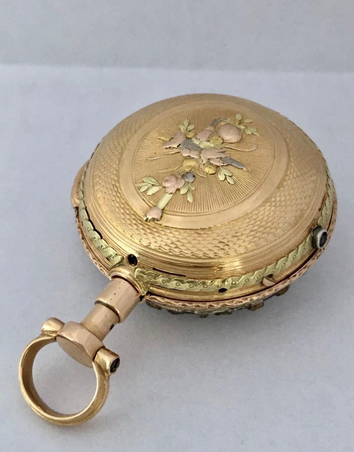 
This early Verge Fusee Gold small pocket watch is Not working. The spring is broken. The balance is good and spinning when shake. Visible signs of ageing and wear with light tiny scratches on the watch case and glass. stones are missing on the