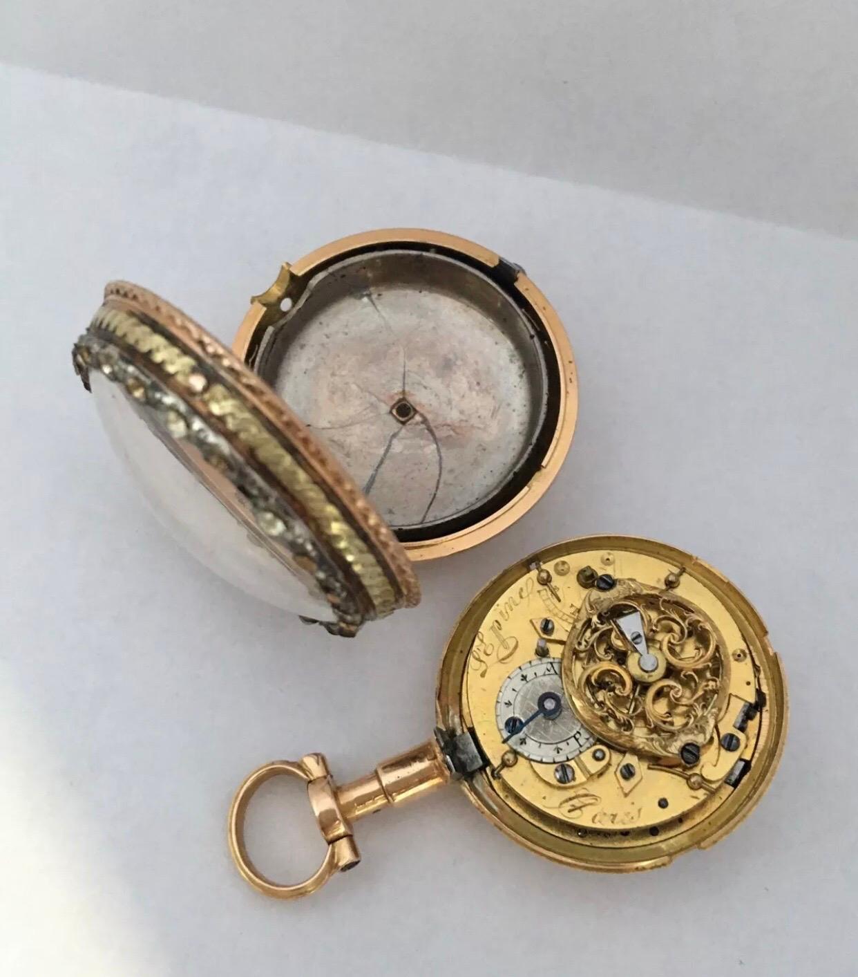 Rare and Early Tri-Color Gold Small Verge Fusee Pocket Watch In Fair Condition For Sale In Carlisle, GB
