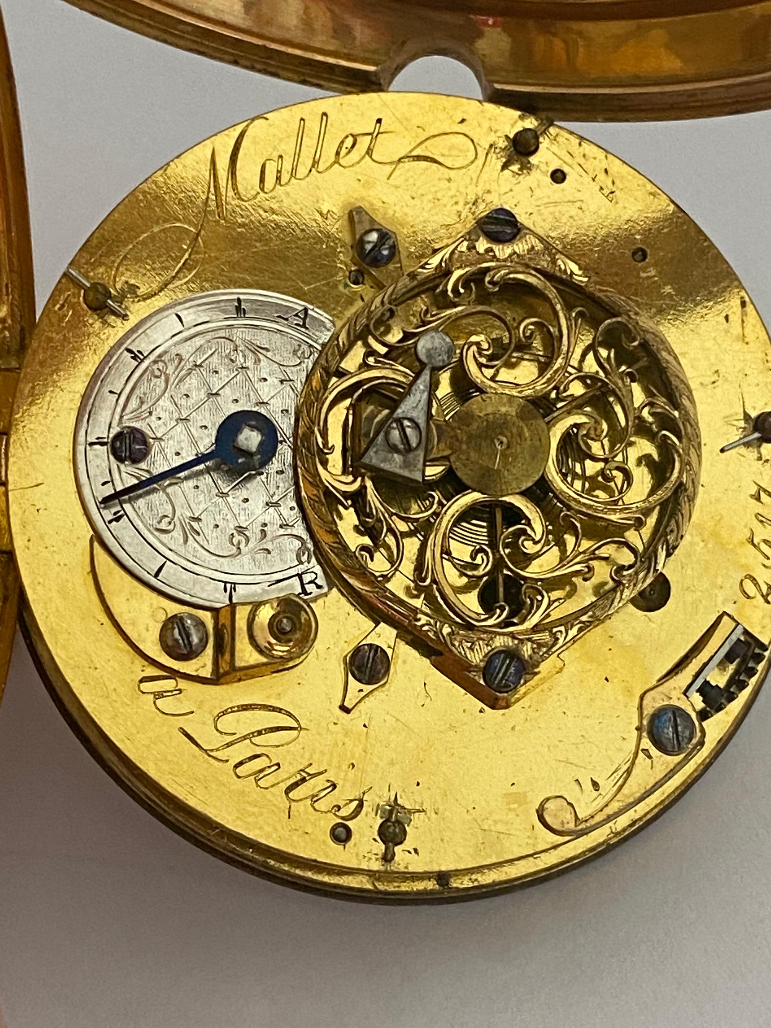 Rare & Early Verge Fusee 18 Karat Tri-Color Gold Pocket Watch by Mallet a Paris For Sale 4