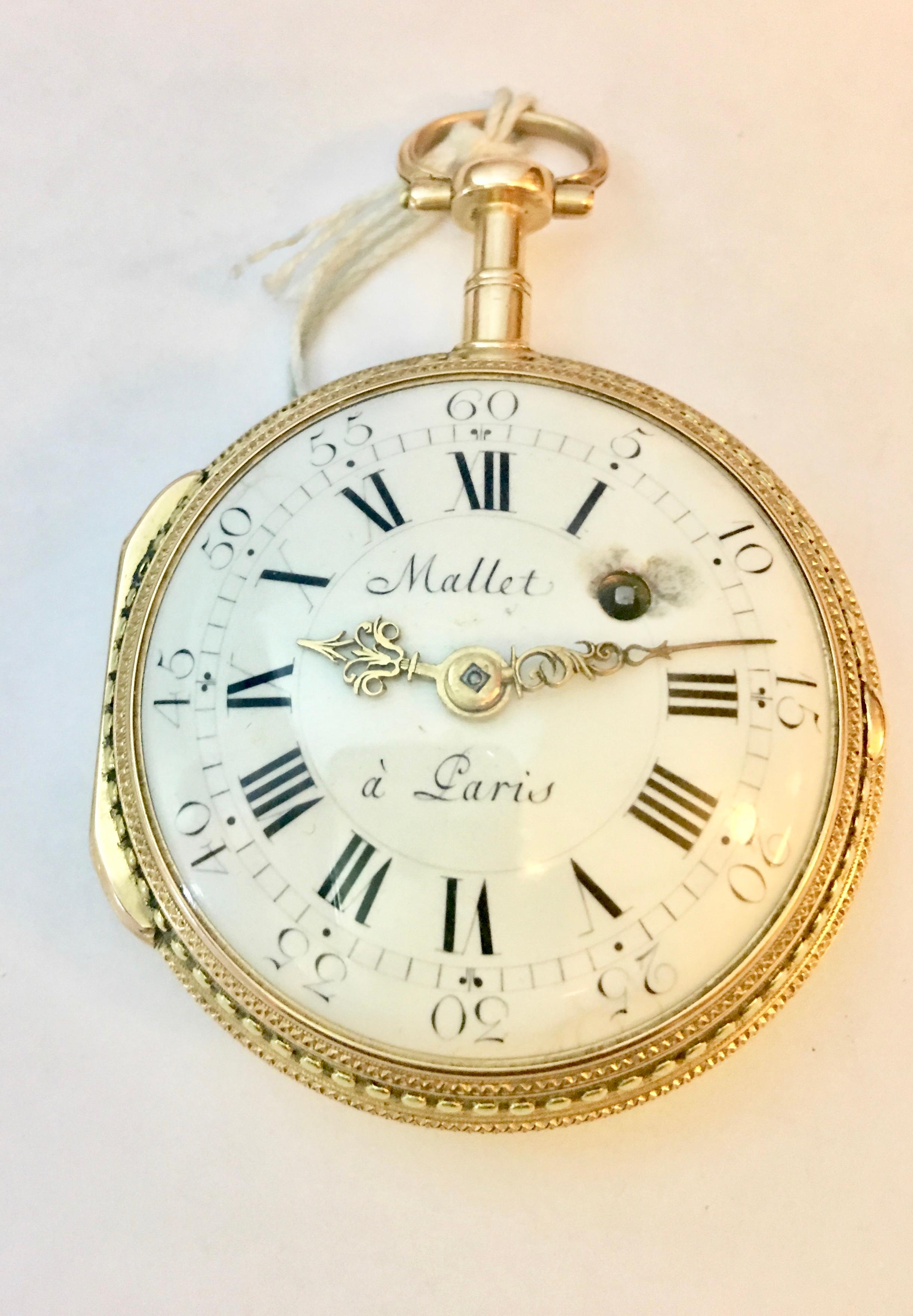 Rare & Early Verge Fusee 18 Karat Tri-Color Gold Pocket Watch by Mallet a Paris For Sale 5