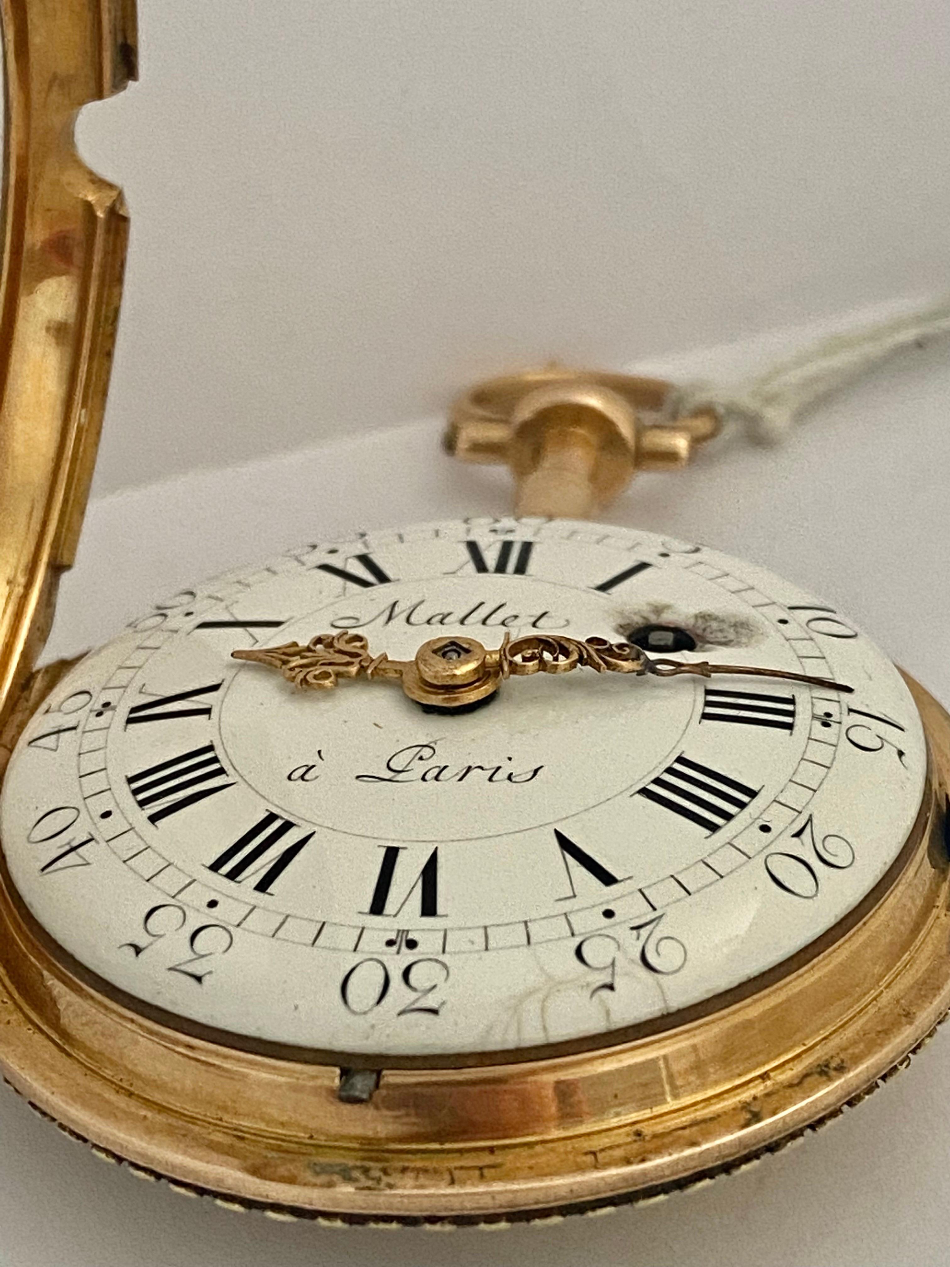 Rare & Early Verge Fusee 18 Karat Tri-Color Gold Pocket Watch by Mallet a Paris For Sale 7