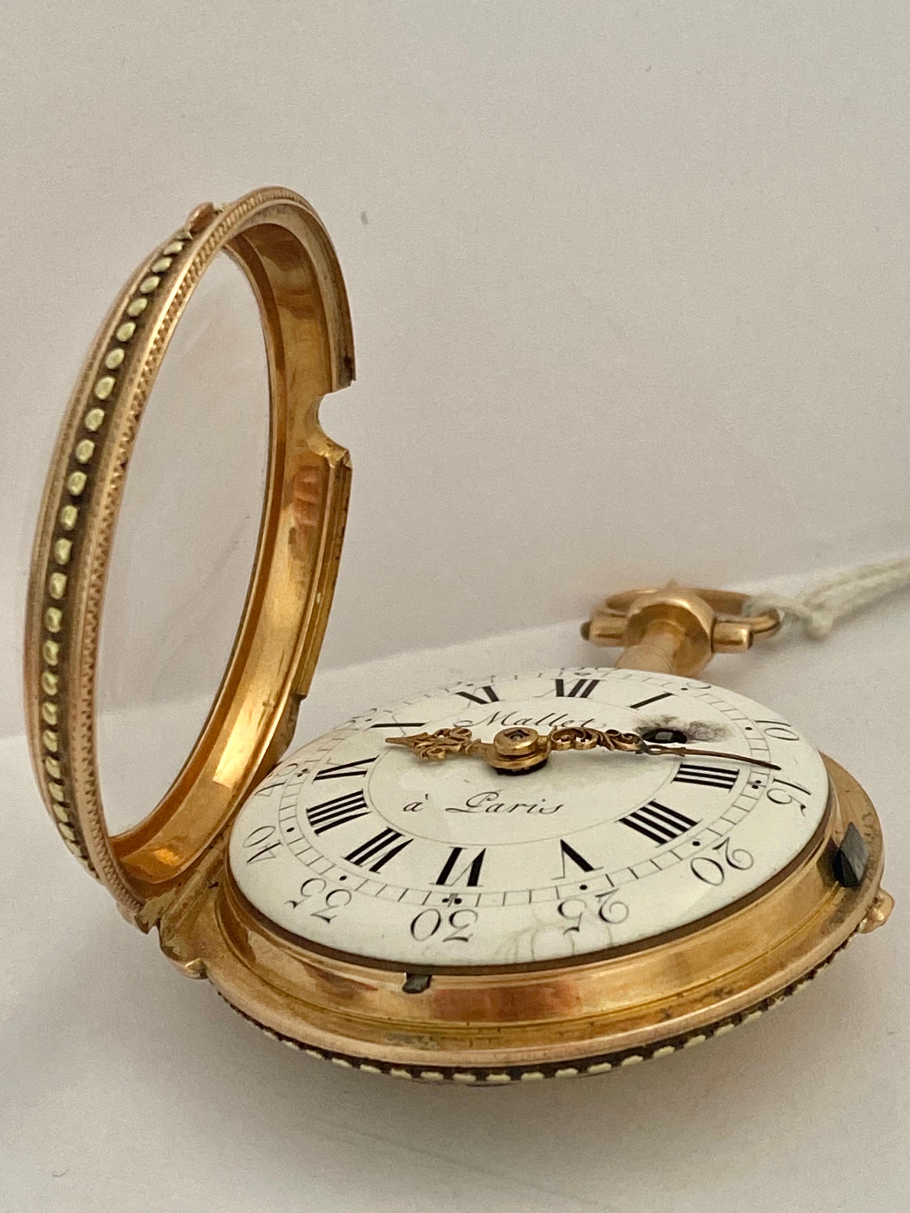Rare & Early Verge Fusee 18 Karat Tri-Color Gold Pocket Watch by Mallet a Paris For Sale 8