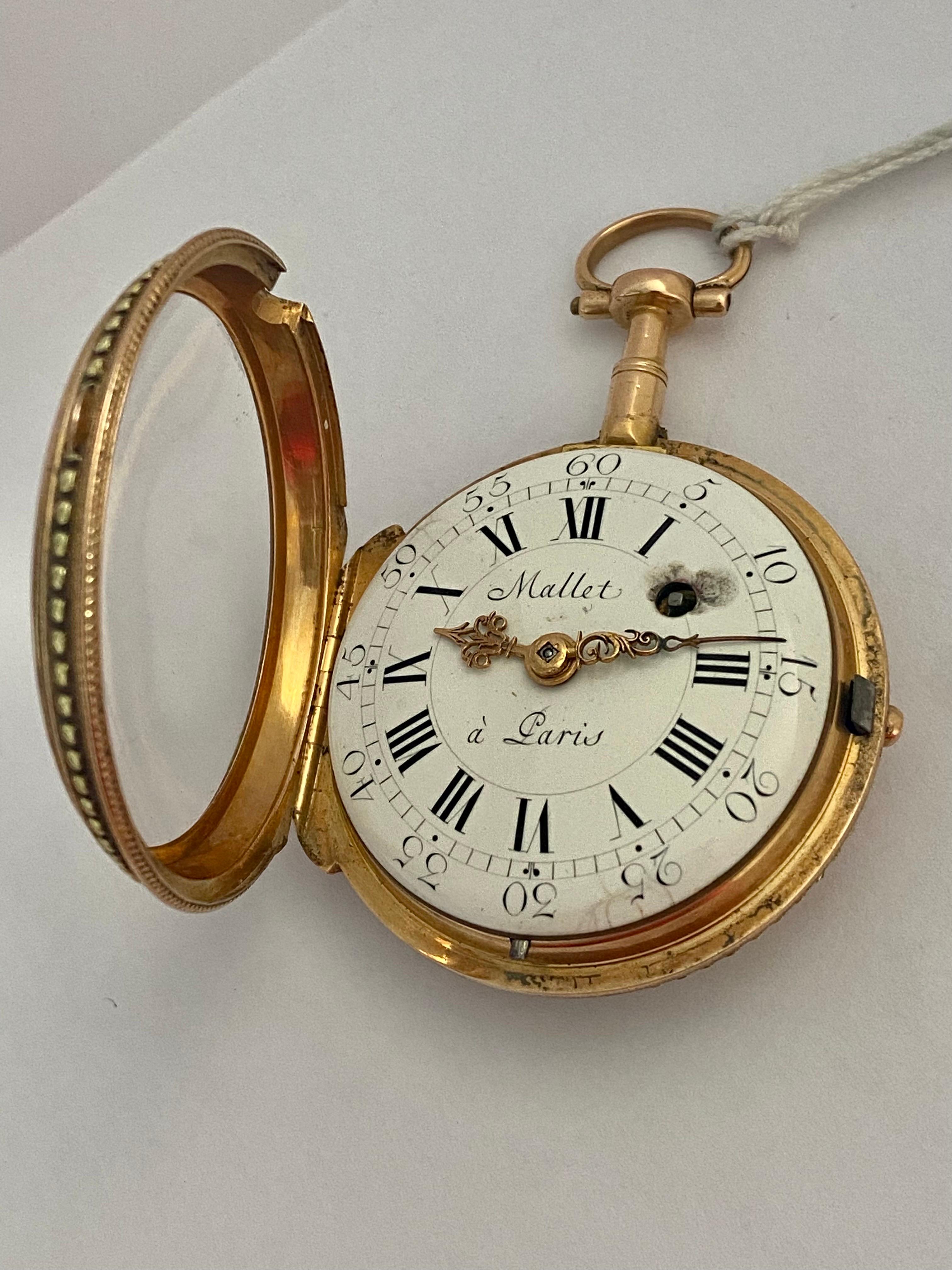 Rare & Early Verge Fusee 18 Karat Tri-Color Gold Pocket Watch by Mallet a Paris In Fair Condition For Sale In Carlisle, GB