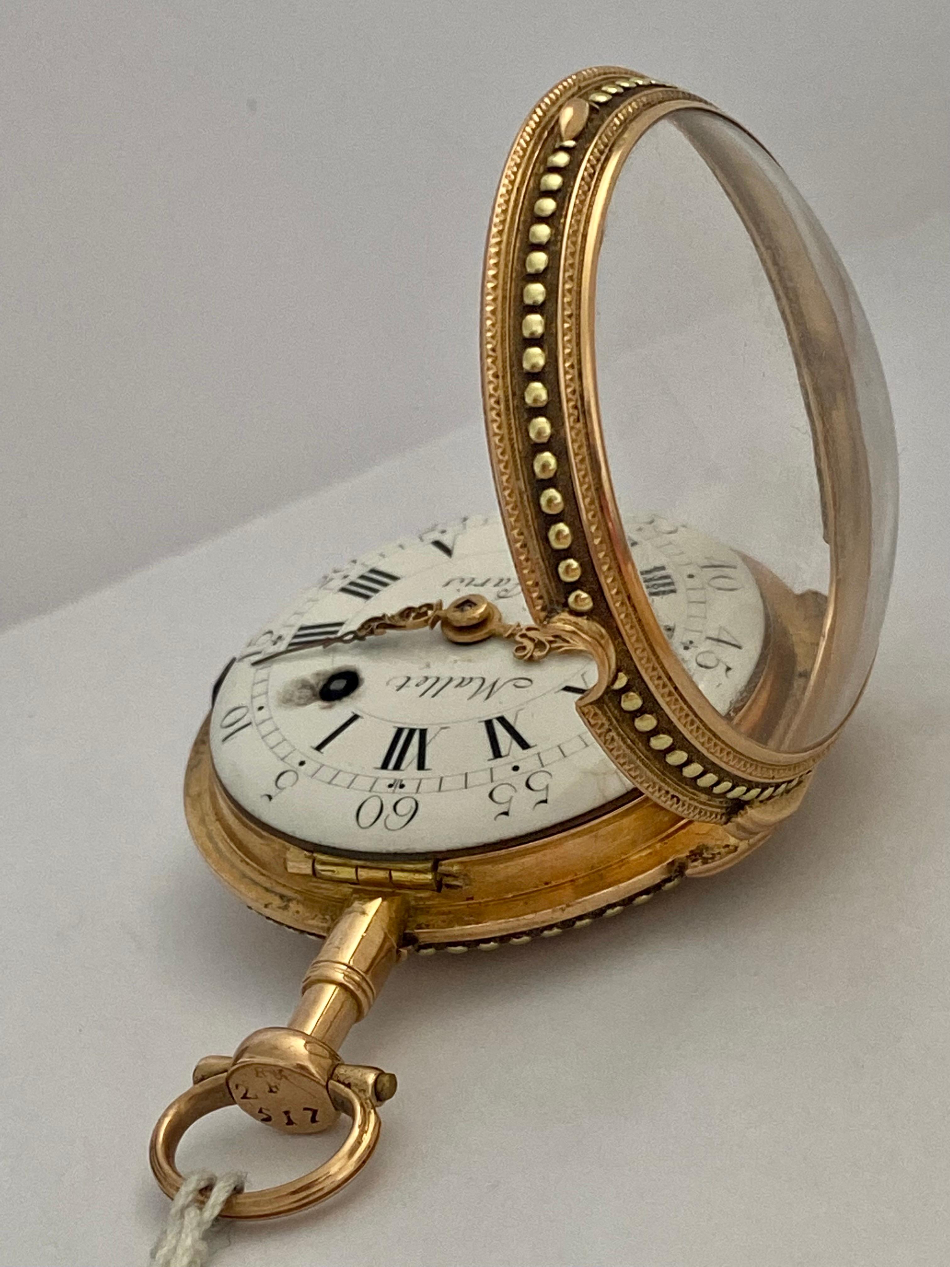 Women's or Men's Rare & Early Verge Fusee 18 Karat Tri-Color Gold Pocket Watch by Mallet a Paris For Sale