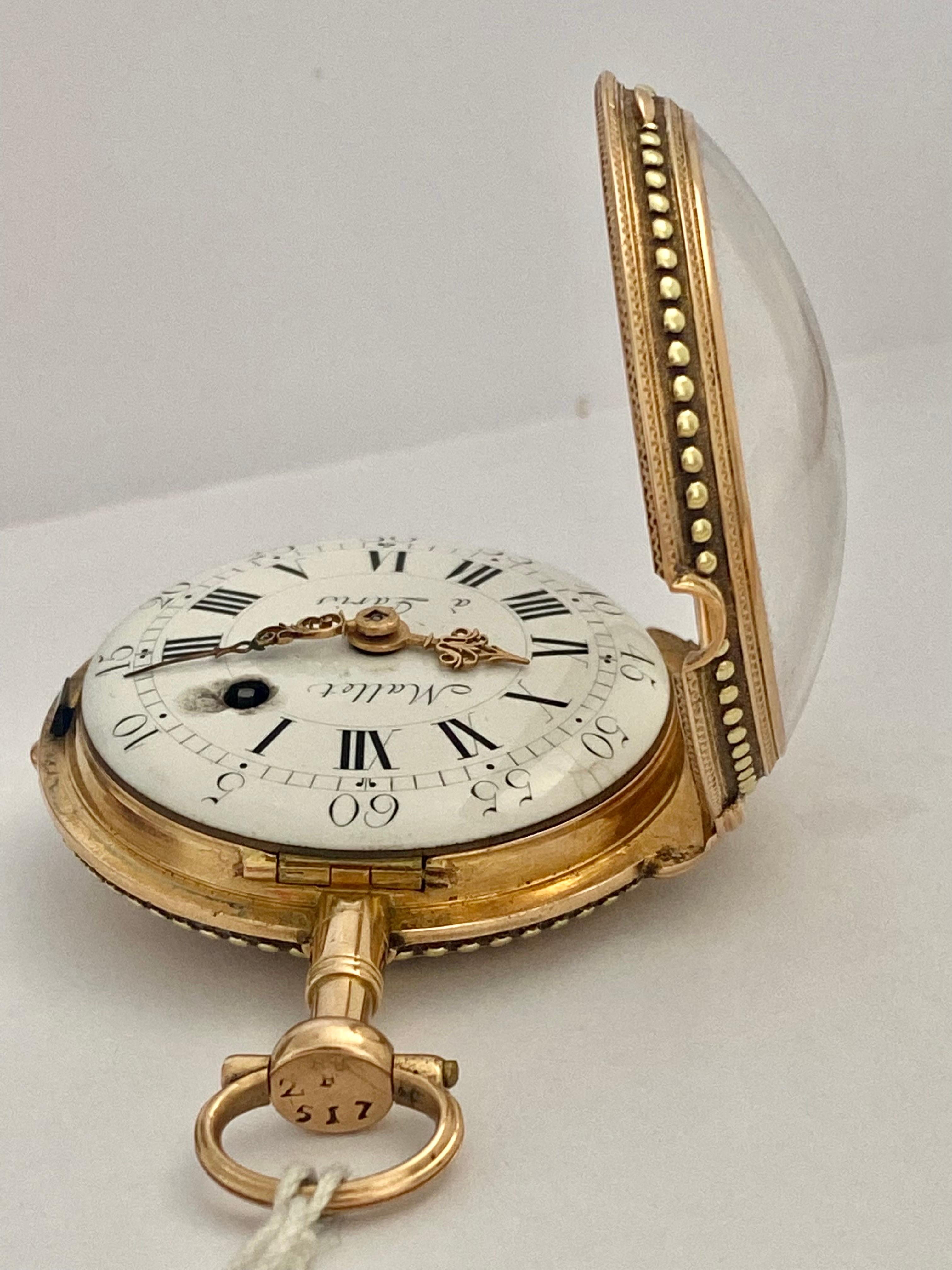Rare & Early Verge Fusee 18 Karat Tri-Color Gold Pocket Watch by Mallet a Paris For Sale 1