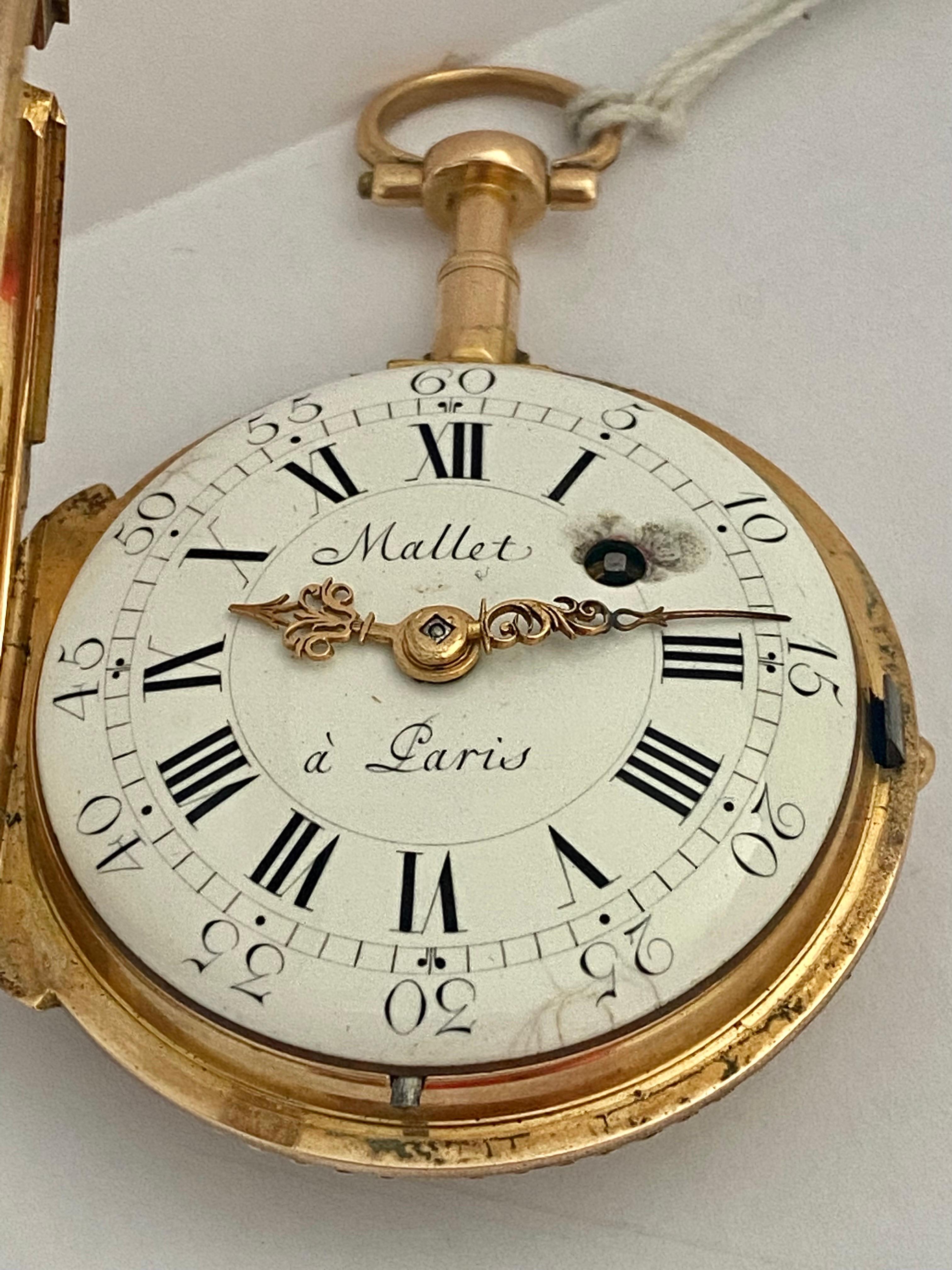 Rare & Early Verge Fusee 18 Karat Tri-Color Gold Pocket Watch by Mallet a Paris For Sale 2