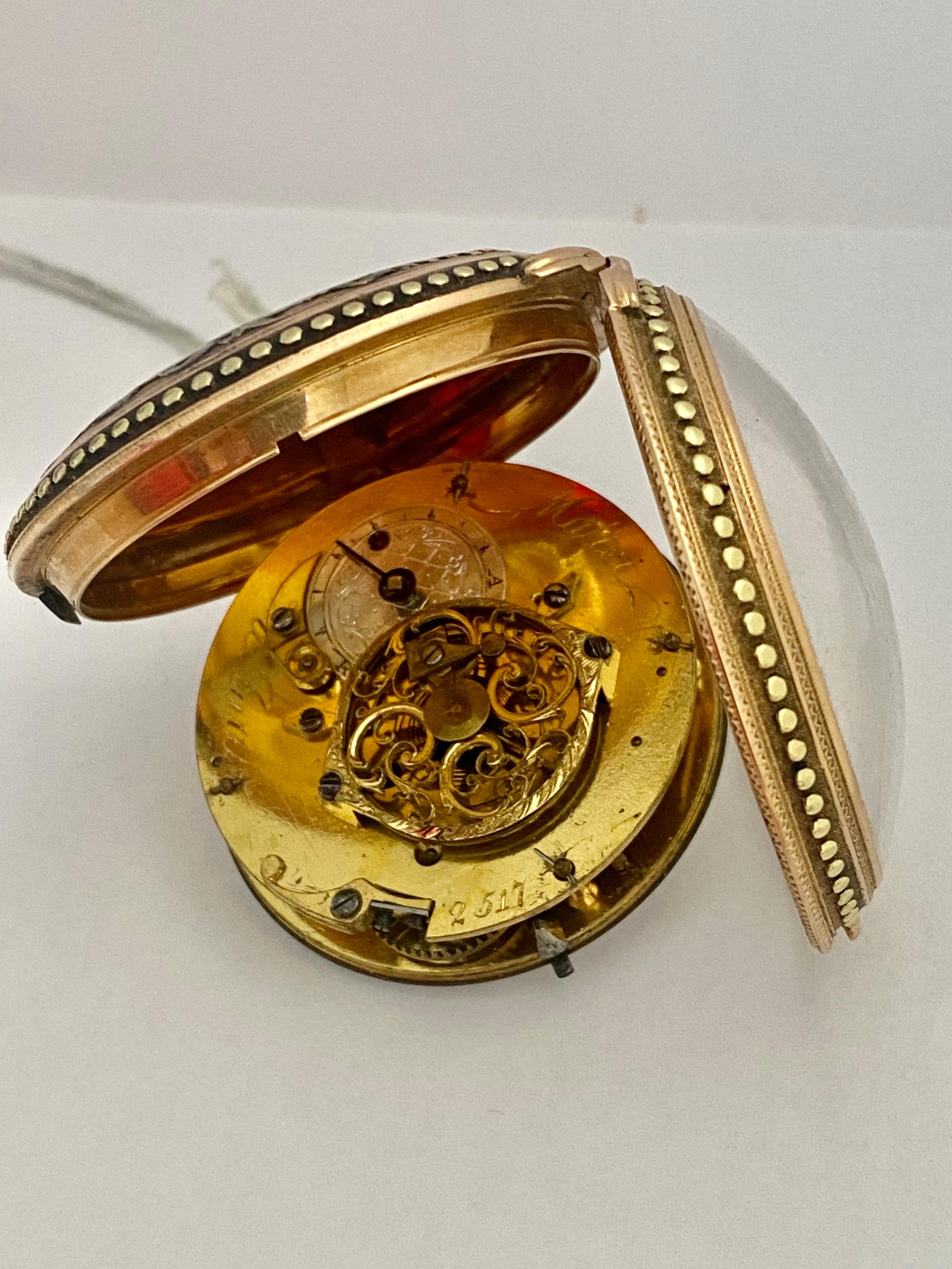 Rare & Early Verge Fusee 18 Karat Tri-Color Gold Pocket Watch by Mallet a Paris For Sale 3