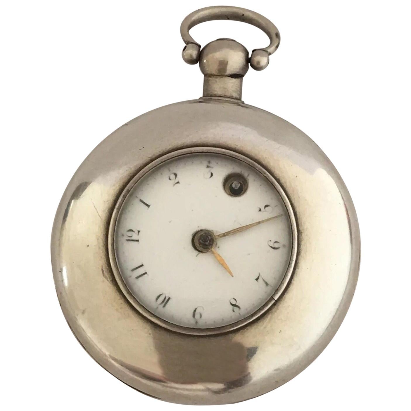 Rare Early Verge Fusee London Maker Half Hunter Silver Pocket Watch For Sale