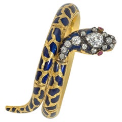 Bracelet serpent rare en or, émail et diamants avec yeux en rubis, début de l'ère victorienne