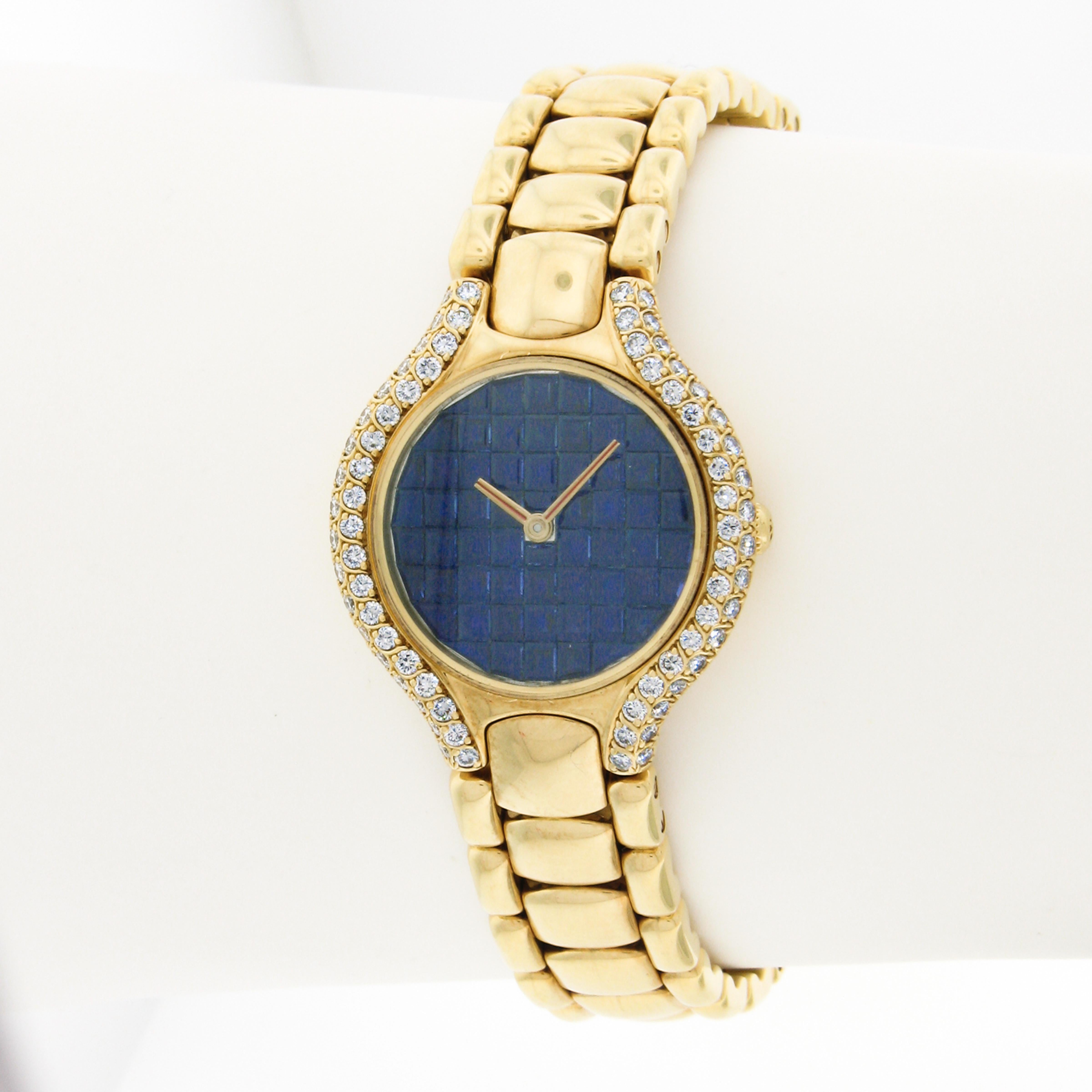 Cette montre-bracelet Ebel Beluga pour femme, rare et de très bonne facture, présente un boîtier rond de 24 mm en or jaune 18 carats incrusté de diamants de qualité exceptionnelle, d'un poids total d'environ 1,11 carat. Le cadran, unique et rare,